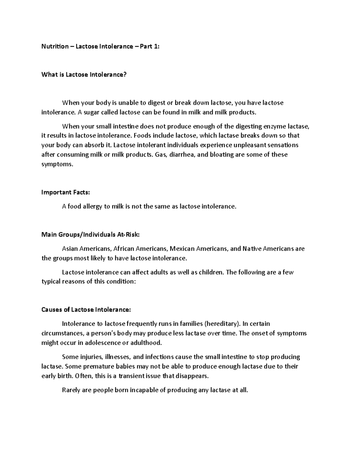Lactose Intolerance Part 1 - Nutrition – Lactose Intolerance – Part 1 ...