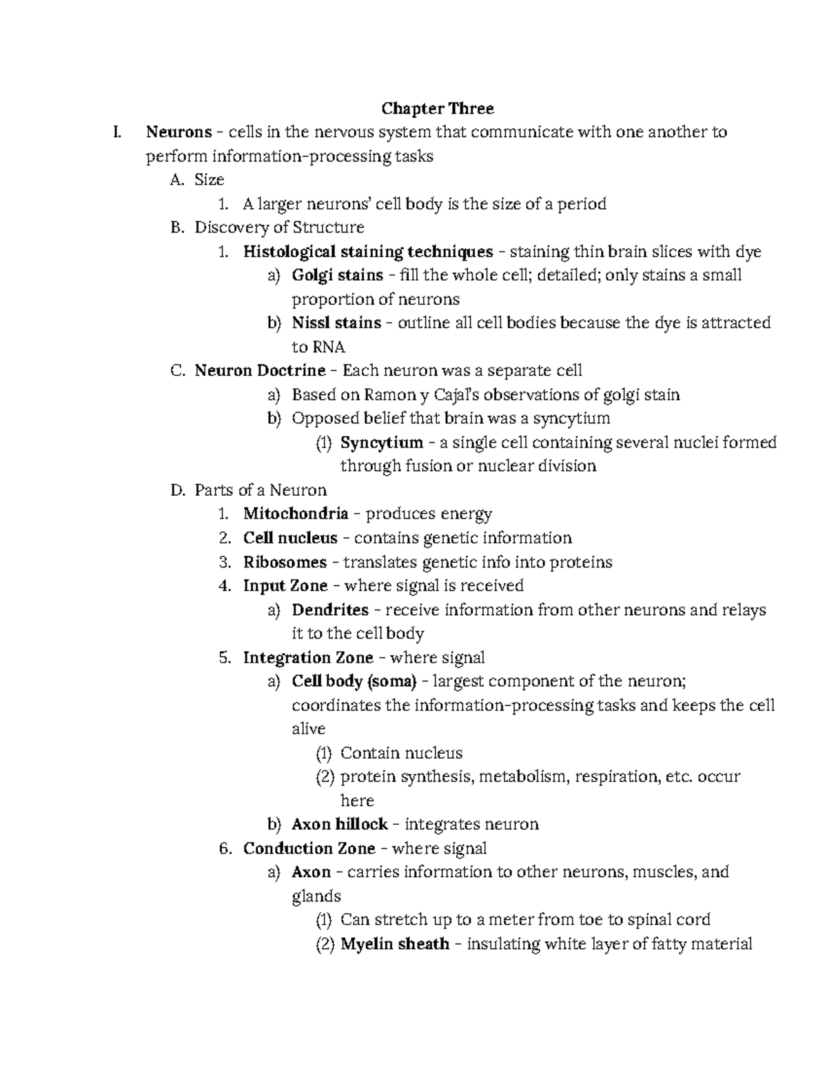 Chapter 3 Psych 001 - Chapter Three I. Neurons - cells in the nervous ...