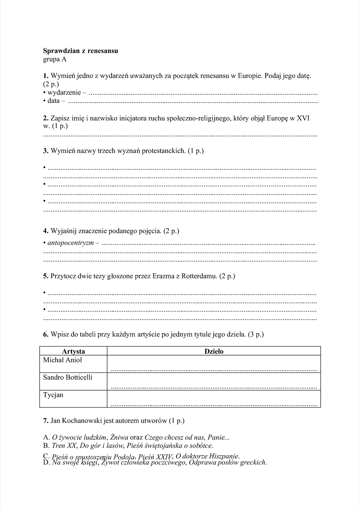 Sprawdzian Z Renesansu 1 Gimnazjum www.studocu.com