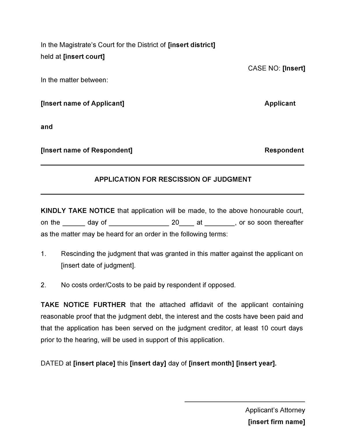 Magistrates Court Application for rescission of judgment - In the ...