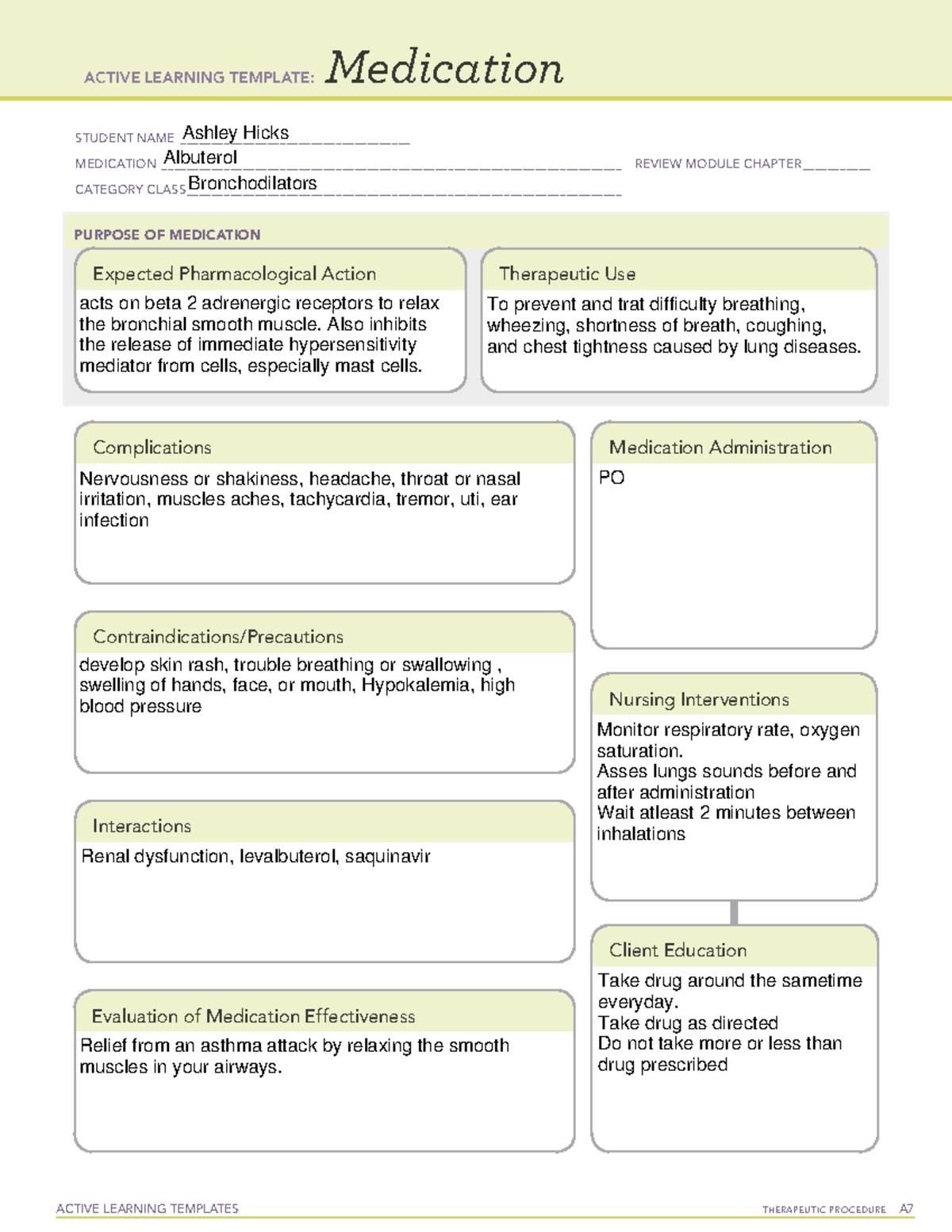 Albuterol med card - Ati Drug templete - ACTIVE LEARNING TEMPLATES ...