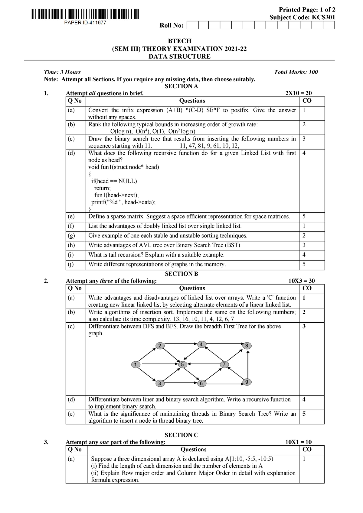 Btech Cs 3 Sem Data Structure Kcs301 2022 - Printed Page: 1 Of 2 ...