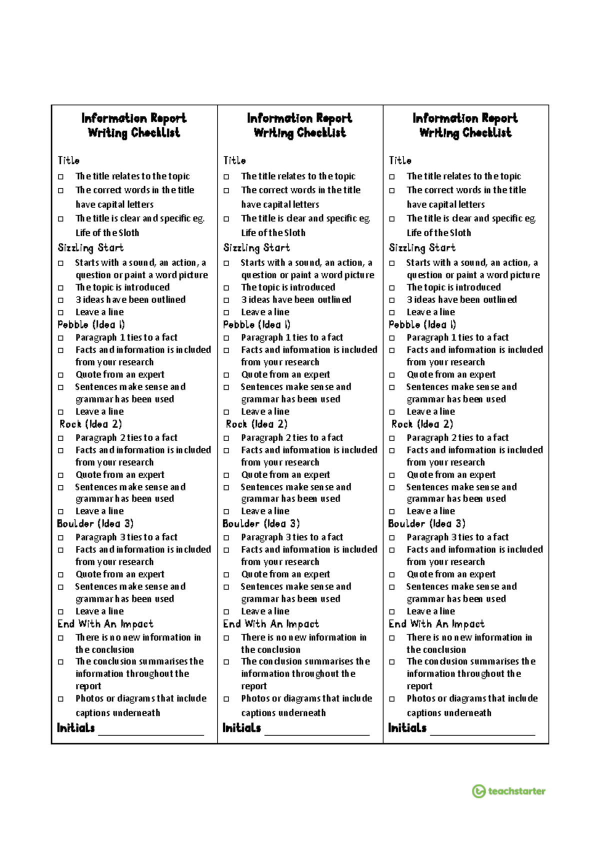 Information Report Writing Checklist Information Report Writing