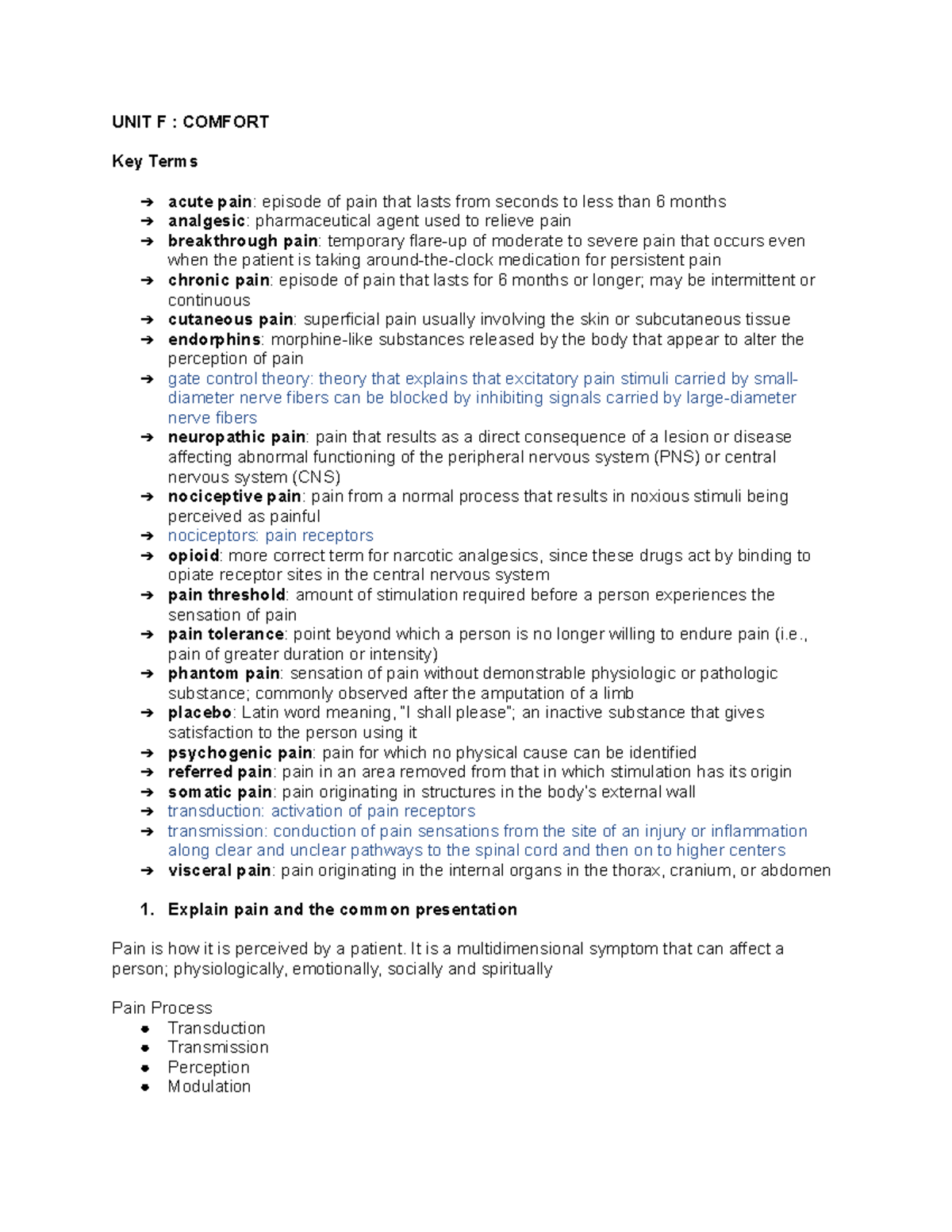 Pain/comfort Topic - UNIT F : COMFORT Key Terms acute pain: episode of ...