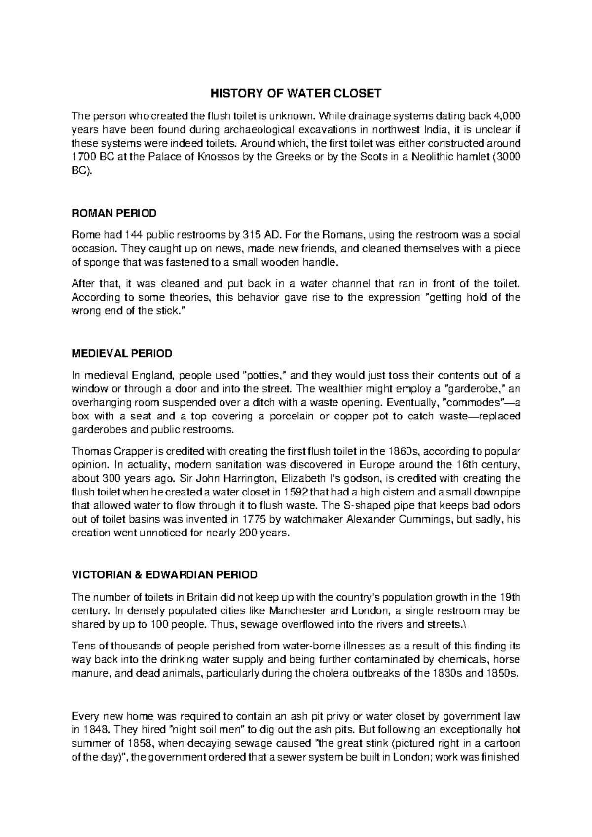 History OF Water Closet HISTORY OF WATER CLOSET The person who