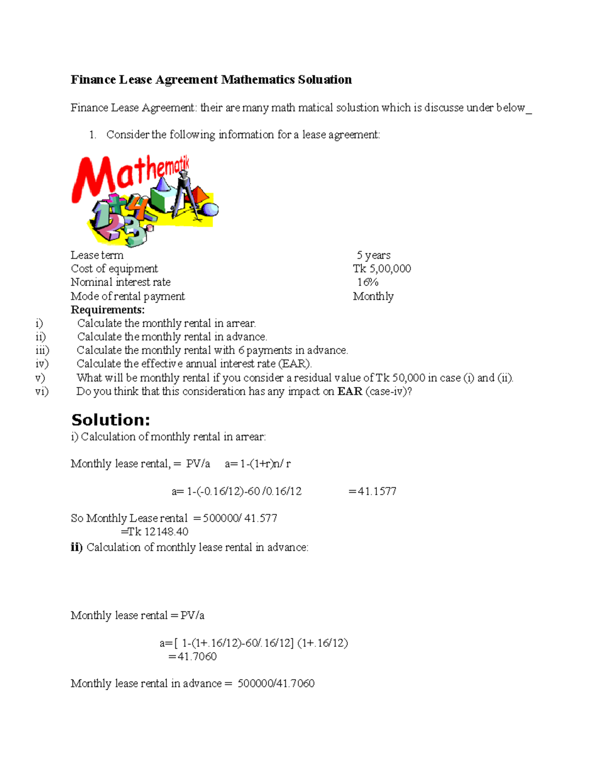 586503404-Lease-Financing - Finance Lease Agreement Mathematics ...