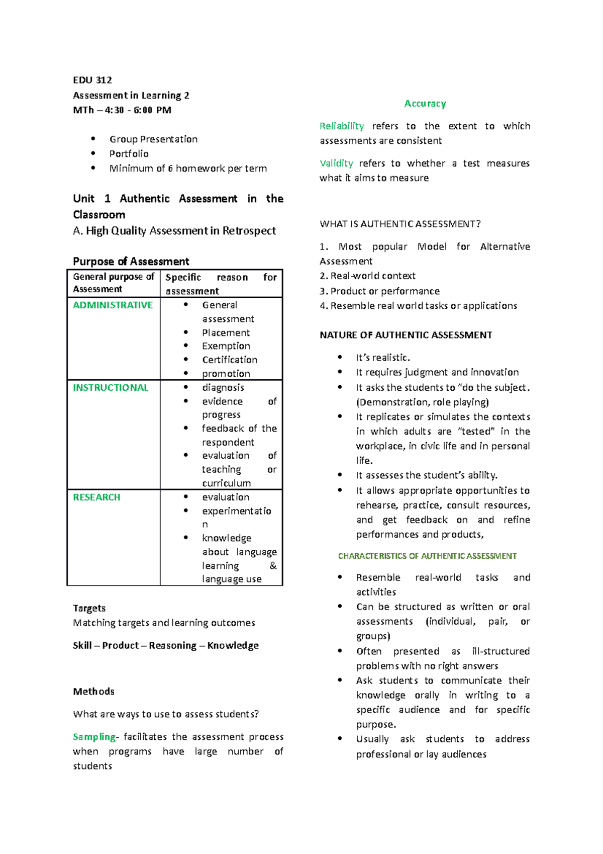 Unit 1 Unit 1 Reviewer Edu 312 Assessment In Learning 2 Mth 4 30