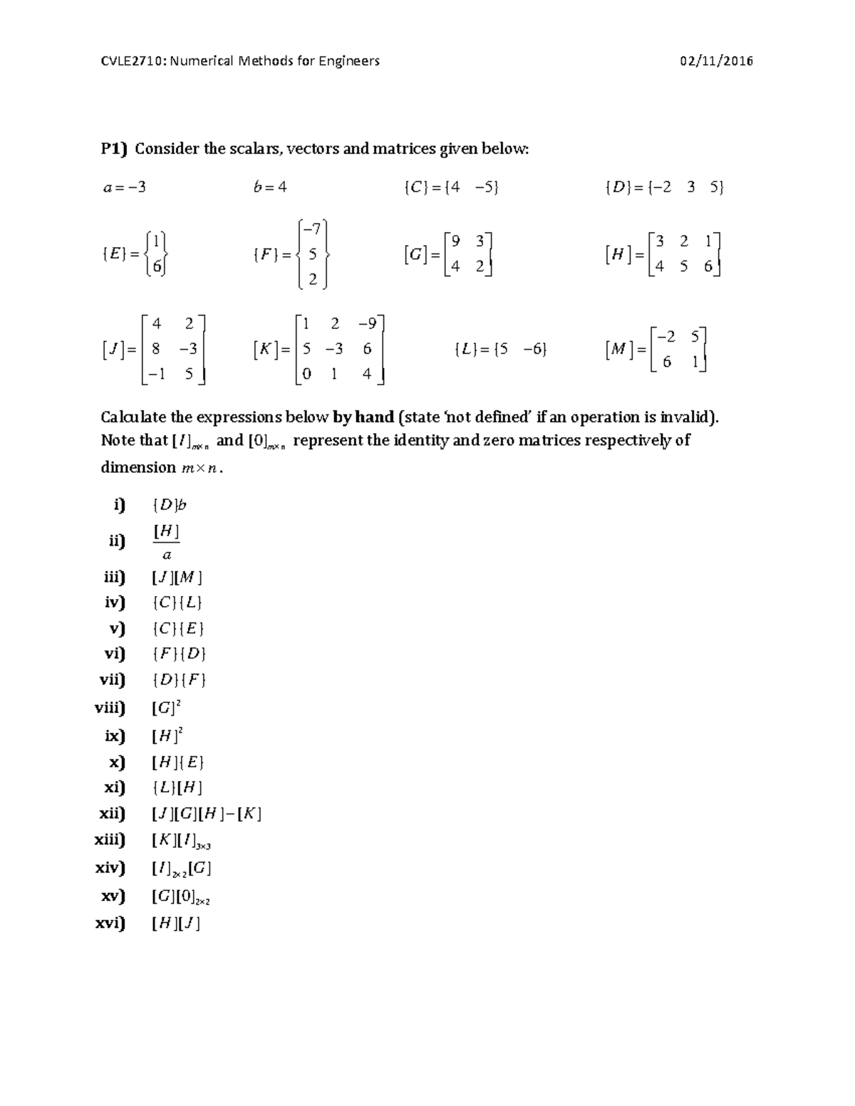 In Class Handout 10 Lecture Notes 23 CVLE2710 Numerical Methods