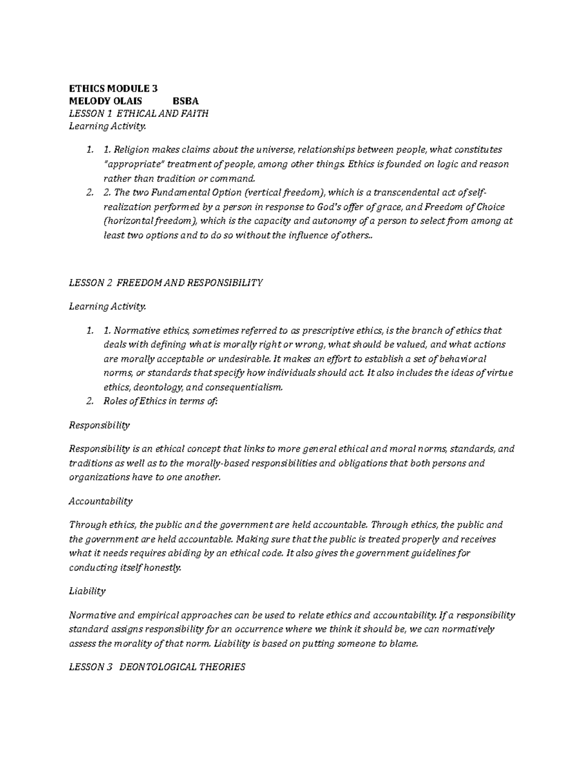 Ethics Module 3 - idea - ETHICS MODULE 3 MELODY OLAIS BSBA LESSON 1 ...