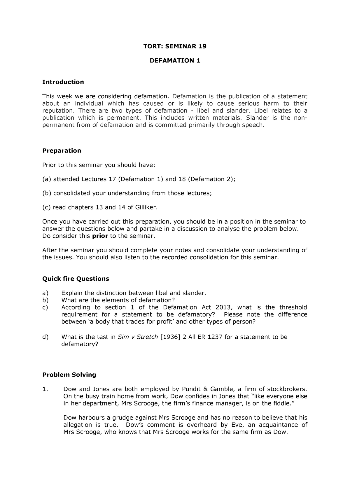 Tort Seminar 19 - Summary Law of Torts and Case Analysis - TORT ...