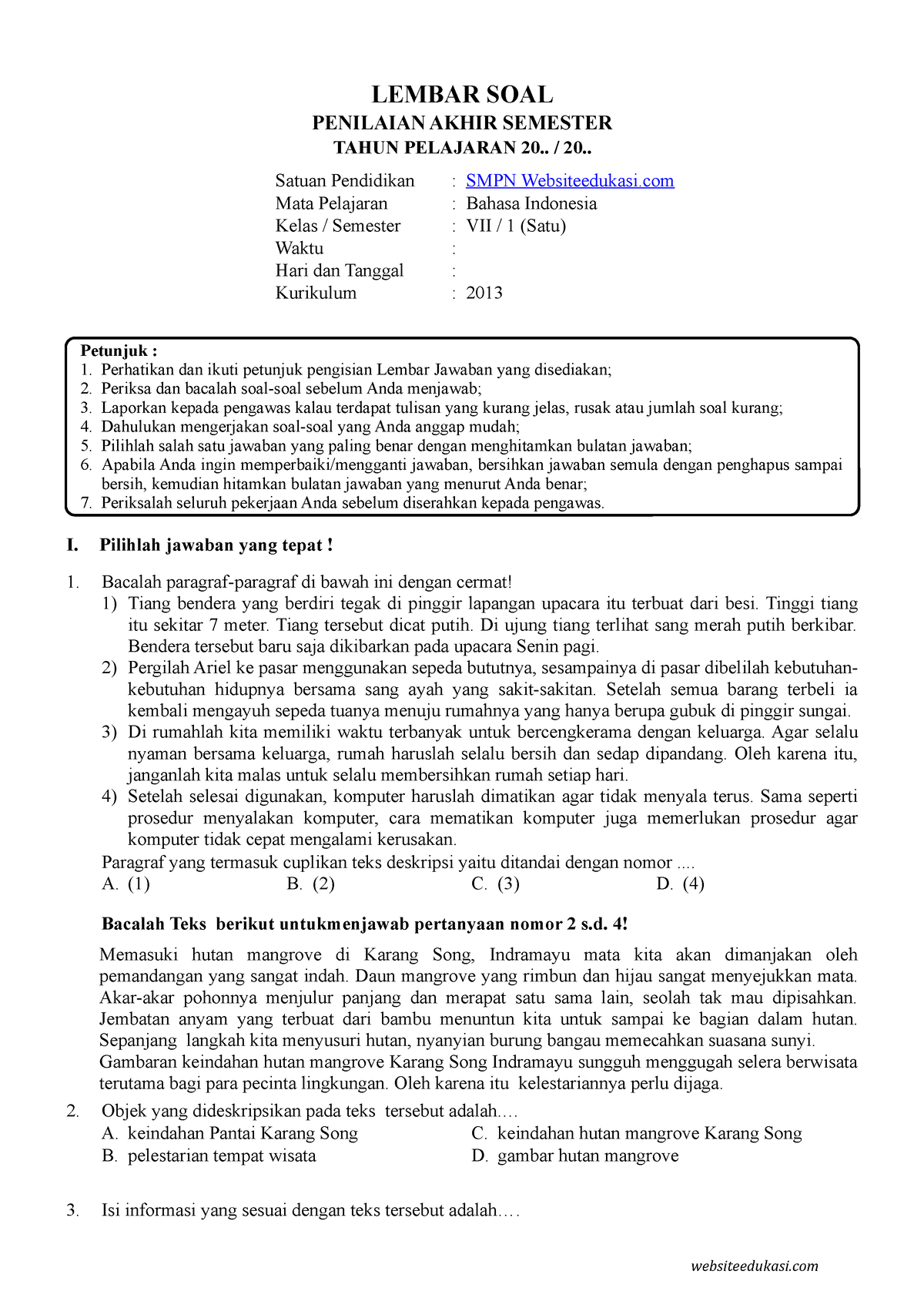 Soal PAS B.Indo Kelas 7 K13 (Websiteedukasi - LEMBAR SOAL PENILAIAN ...