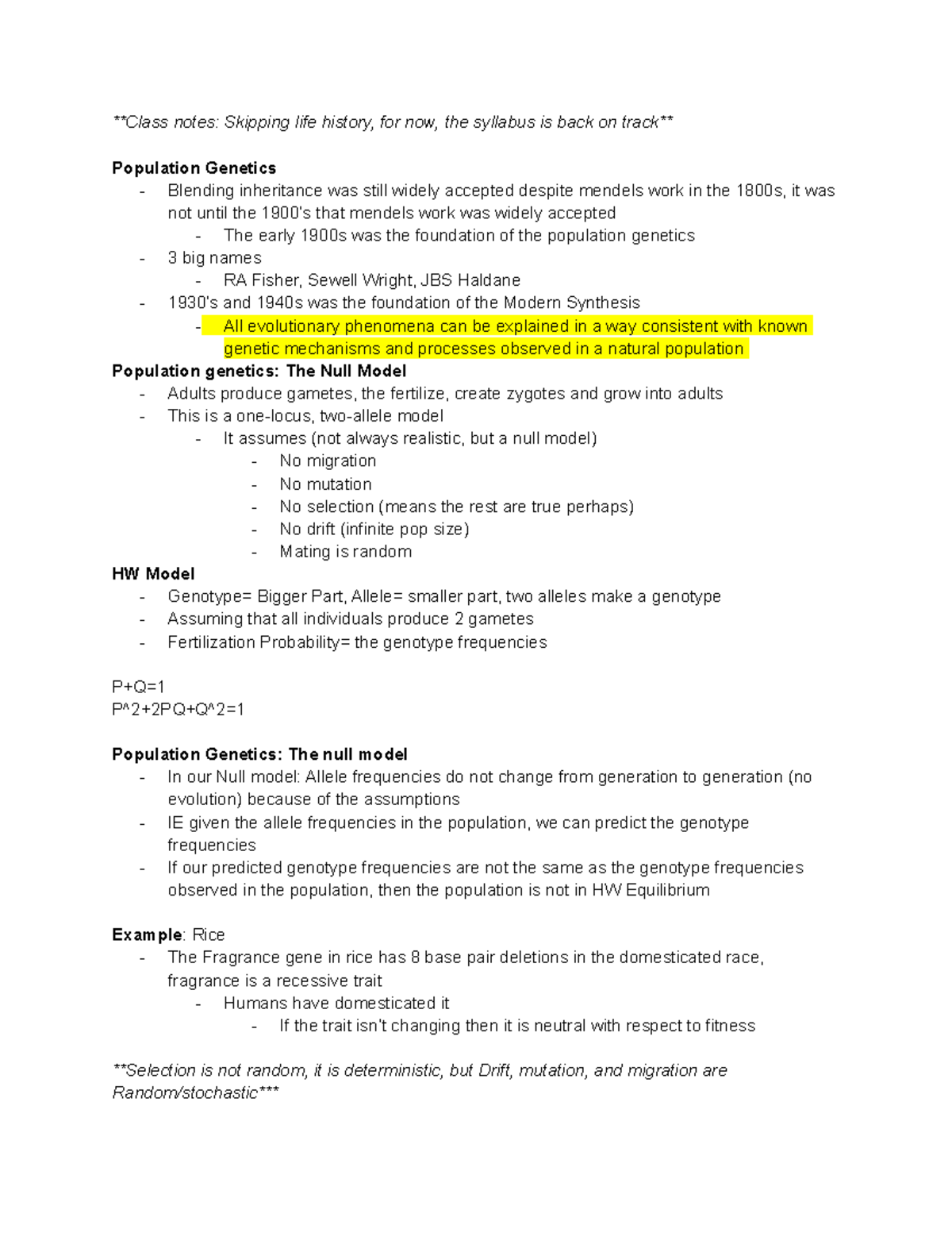 10 11 Population Genetics - Class notes: Skipping life history, for now ...