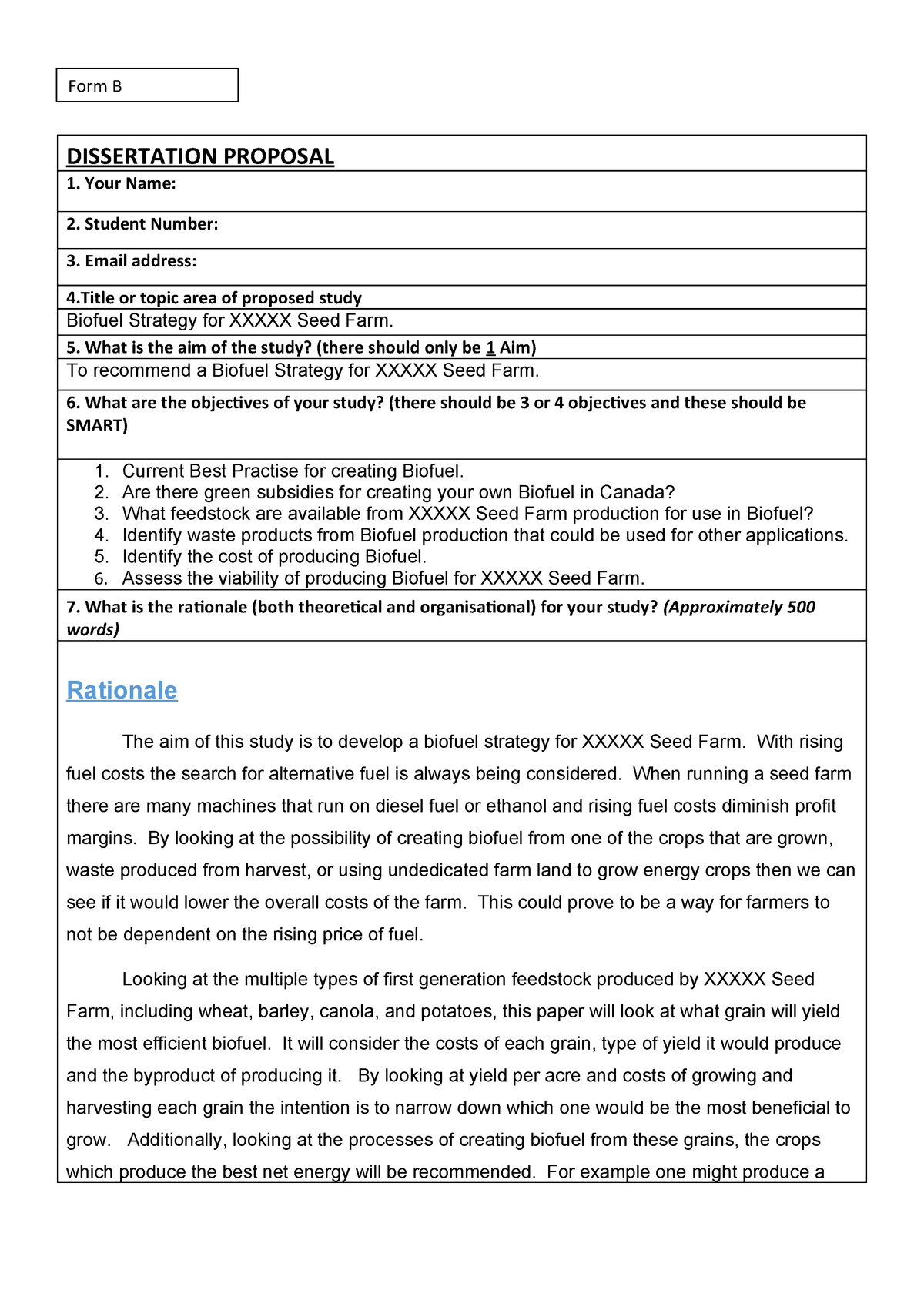 Proposal example 2 - The aim of this study is to develop a biofuel