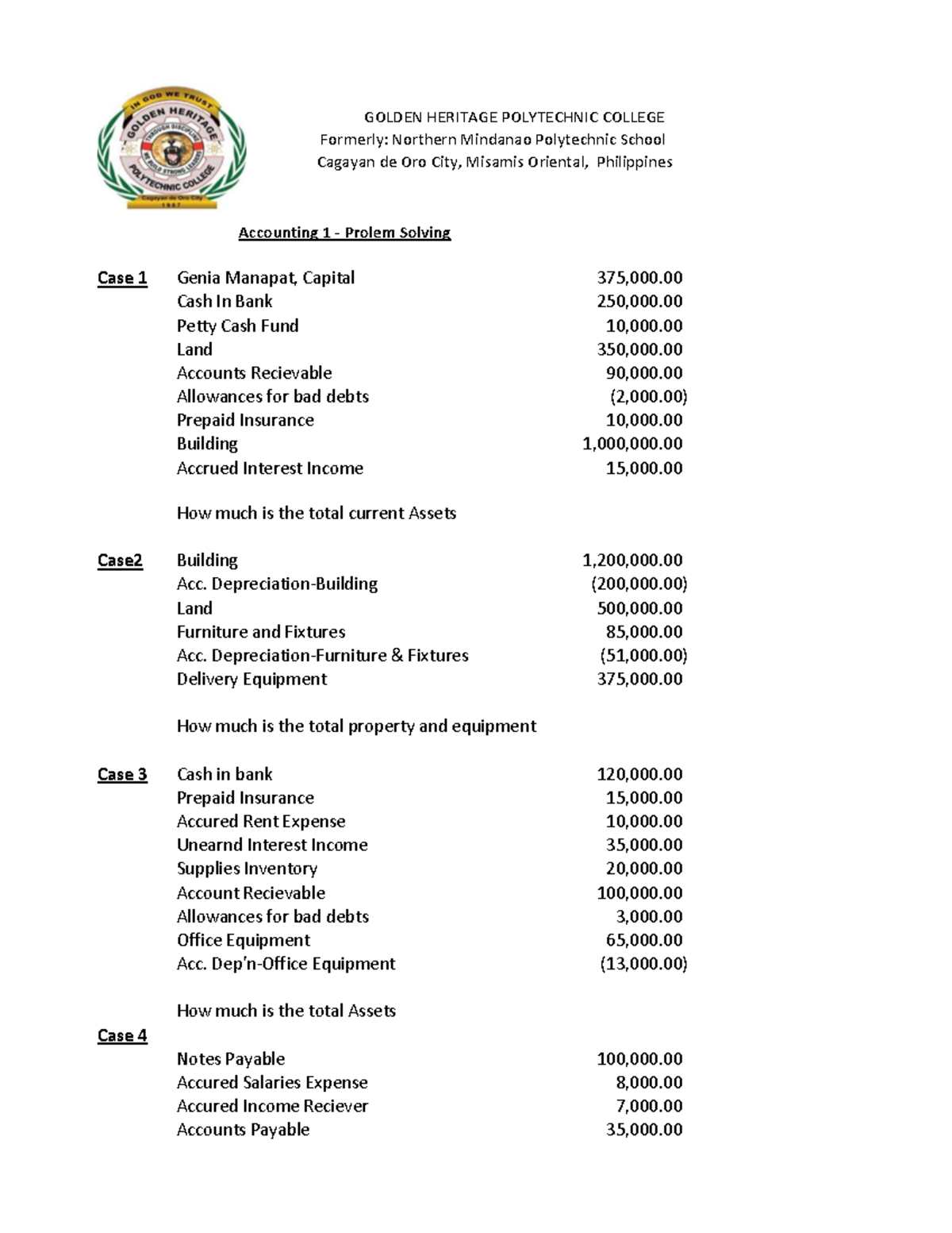 Accounting 1 problem - Lecture notes 1 - GOLDEN HERITAGE POLYTECHNIC ...