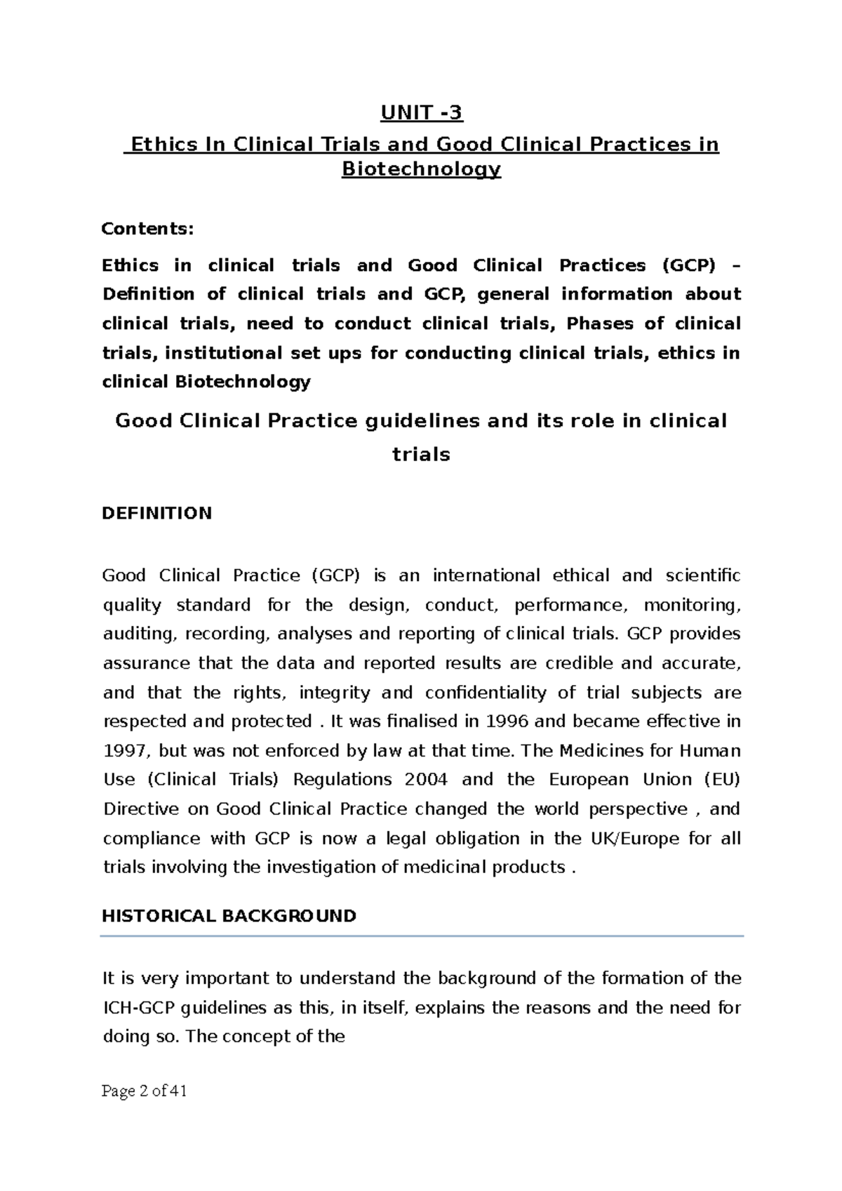 Bioethics AND Biosafety UNIT 3 - UNIT - Ethics In Clinical Trials and ...