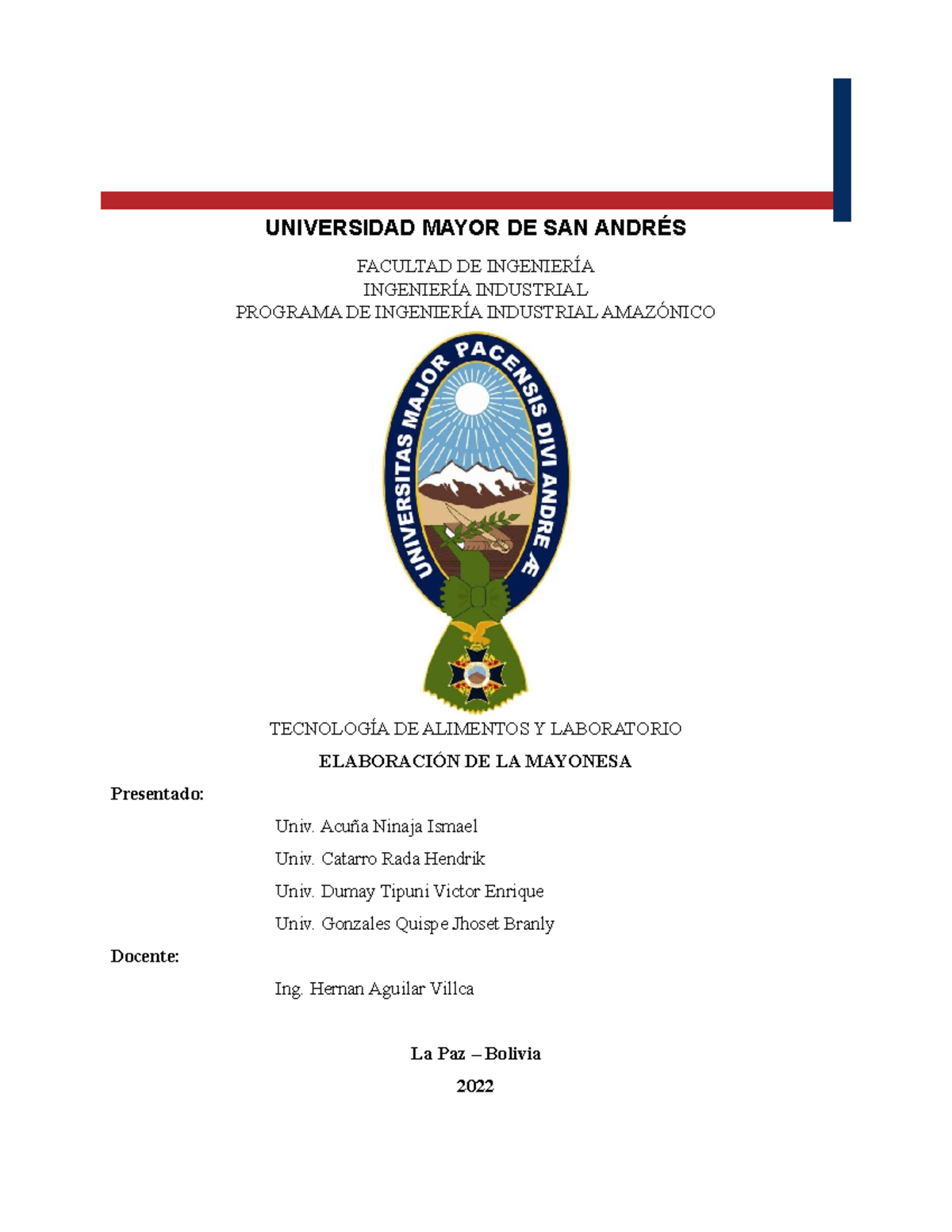 Universidad Mayor DE SAN Andrés UNIVERSIDAD MAYOR DE SAN ANDRÉS