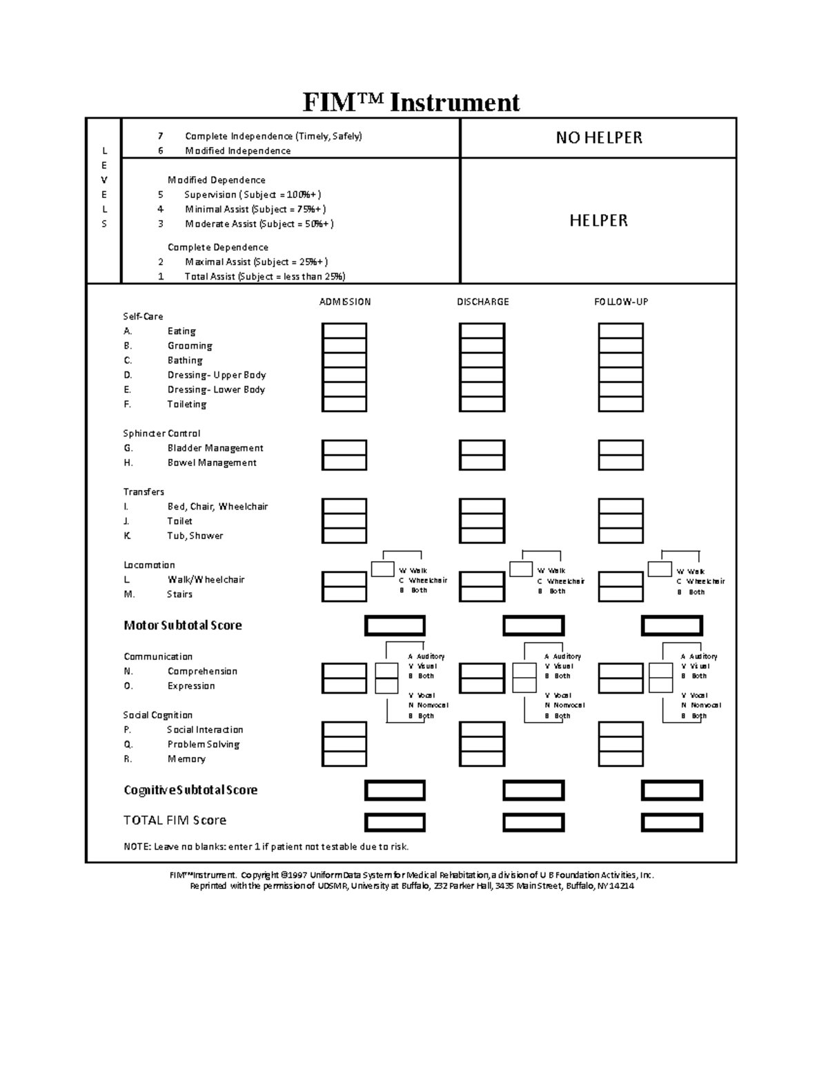 FIM Instrument Score 5176 - 7 L 6 E V E 5 L 4 S 3 2 1 ADMISSION ...