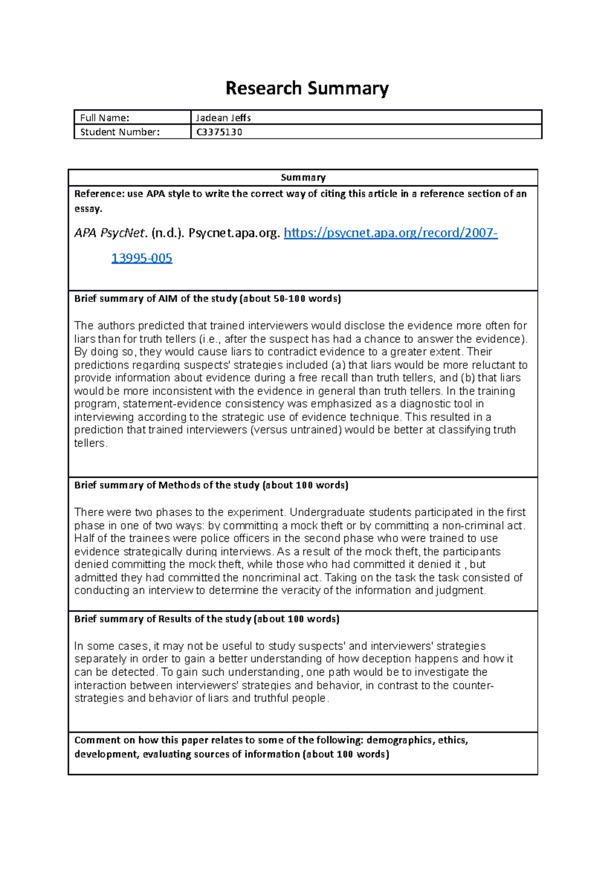 Research summary Psyc1010 - Research Summary Full Name: Jadean Jeffs ...