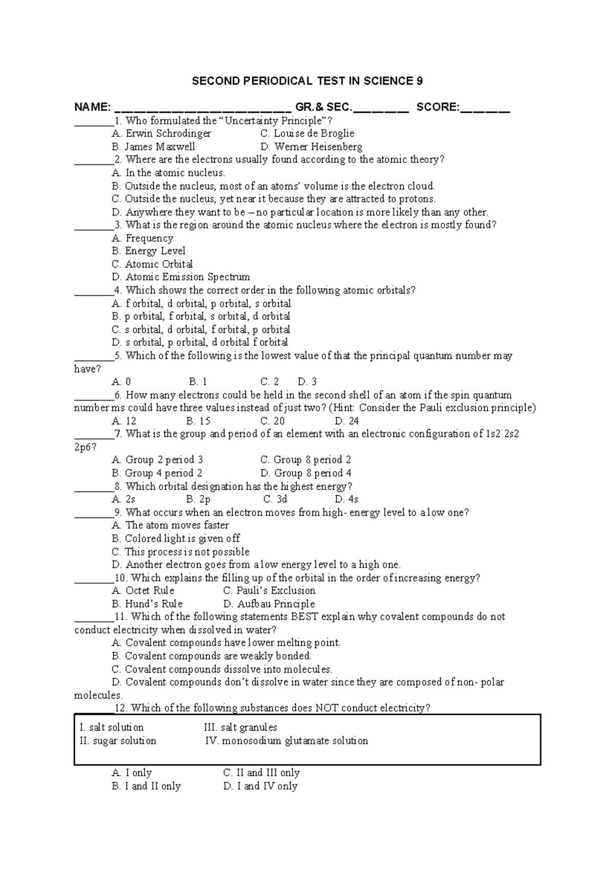 PT G9 Science - SECOND PERIODICAL TEST IN SCIENCE 9 NAME ...
