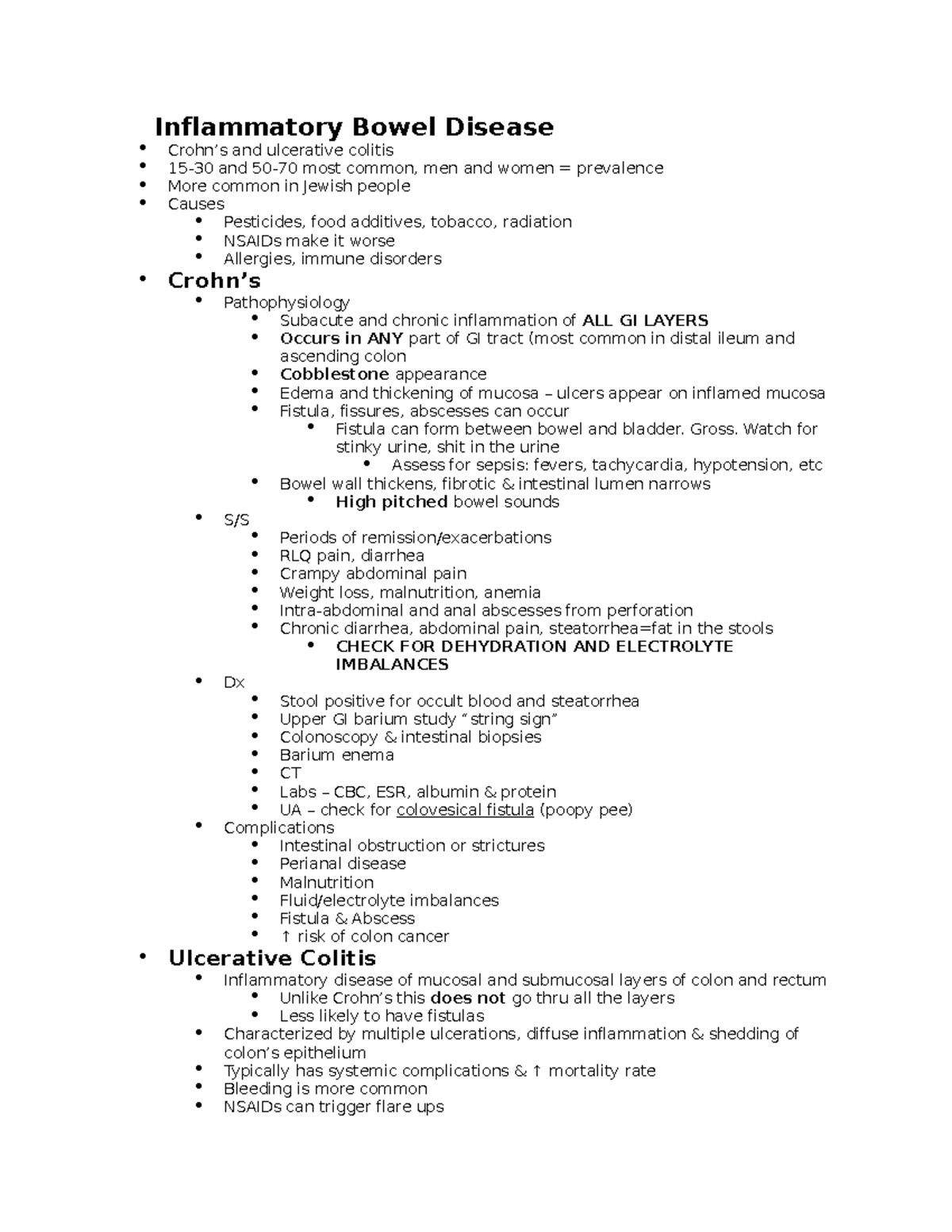 Exam 6 exam notes Inflammatory Bowel Disease Crohn’s and ulcerative