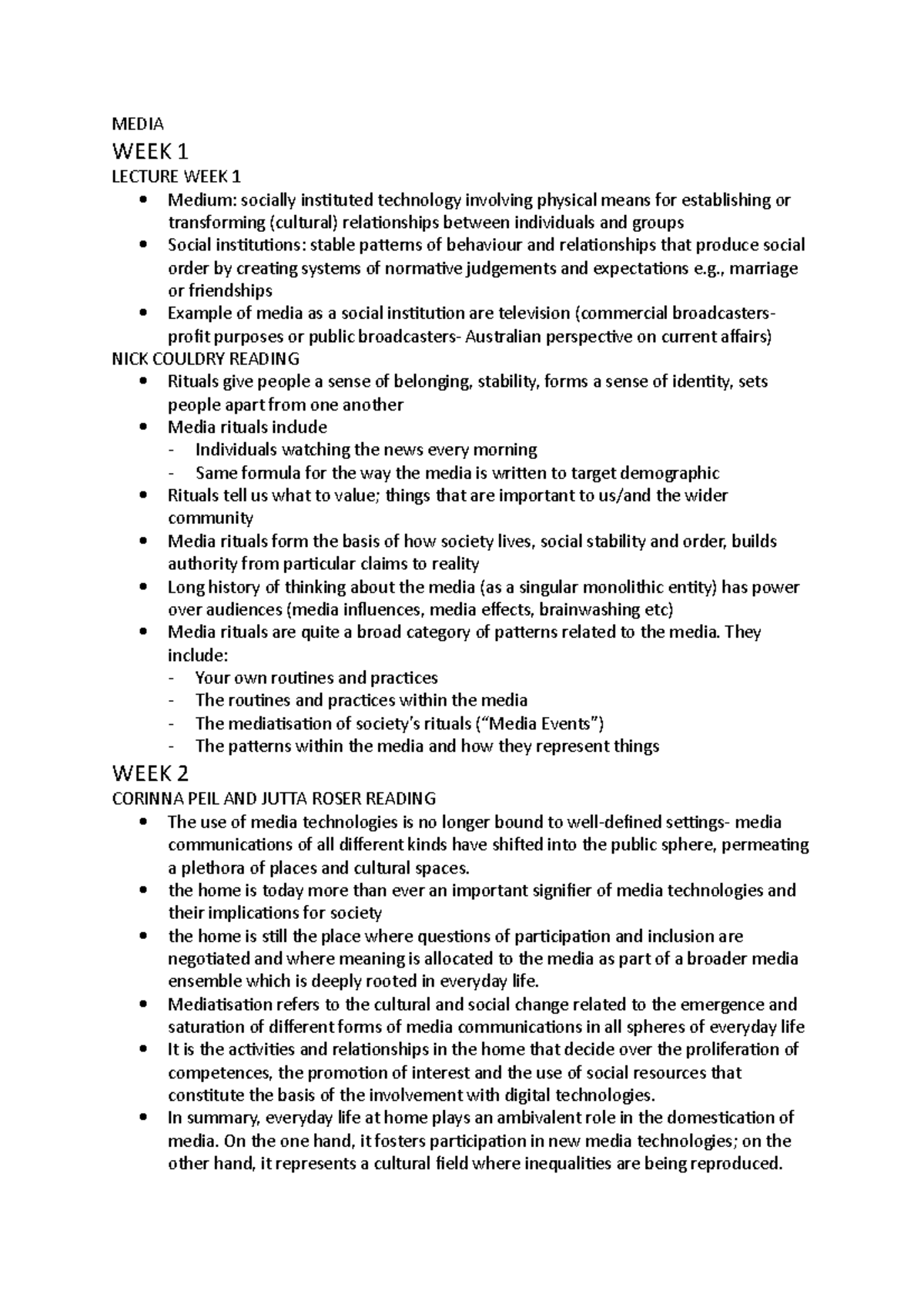 ARTS1090 Notes - MEDIA WEEK 1 LECTURE WEEK 1 Medium: socially ...