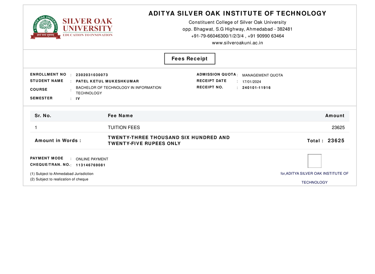 Fee Receipt 311865 - please idt project to final - ADI T YA SI LV ER ...