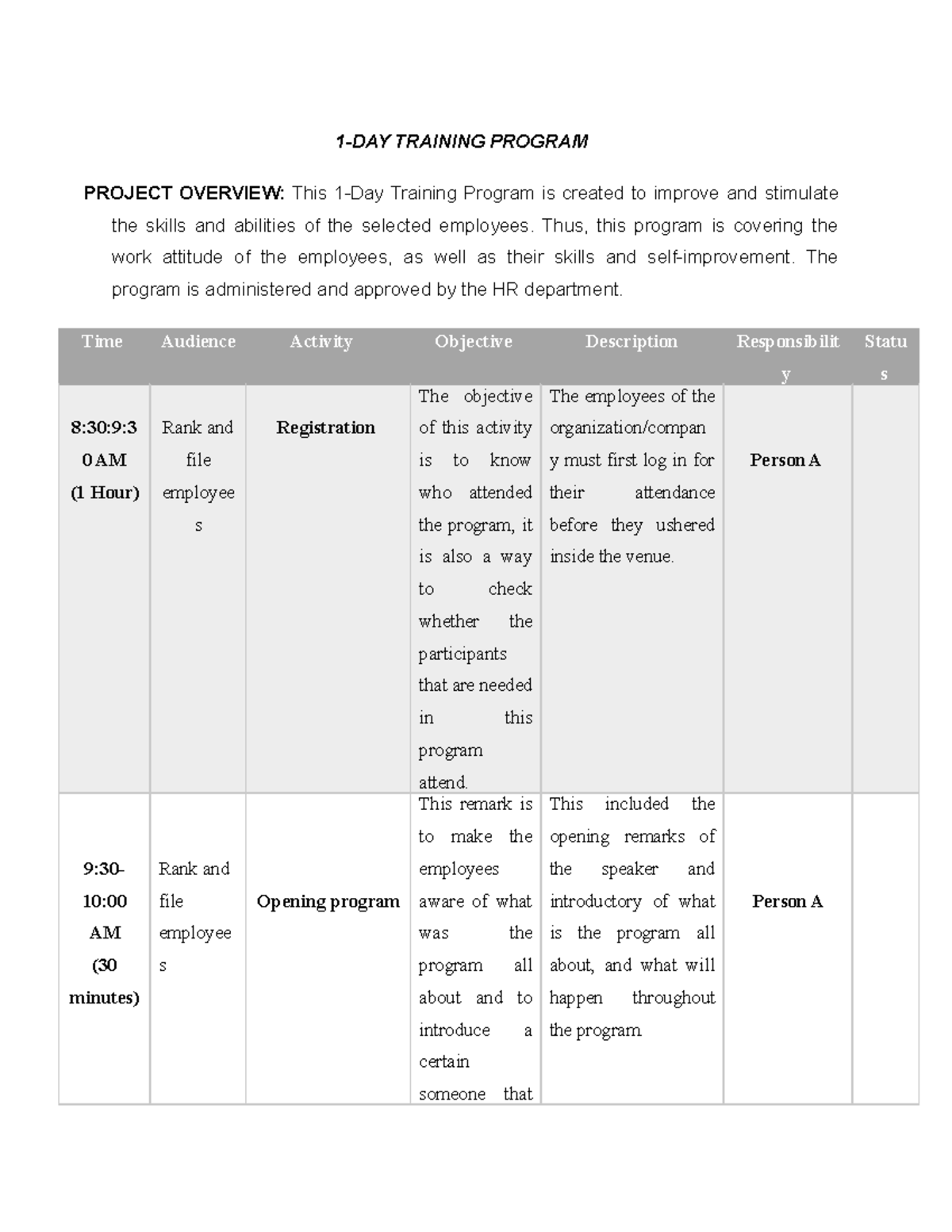 Sample of 1-day traning program - 1-DAY TRAINING PROGRAM PROJECT ...