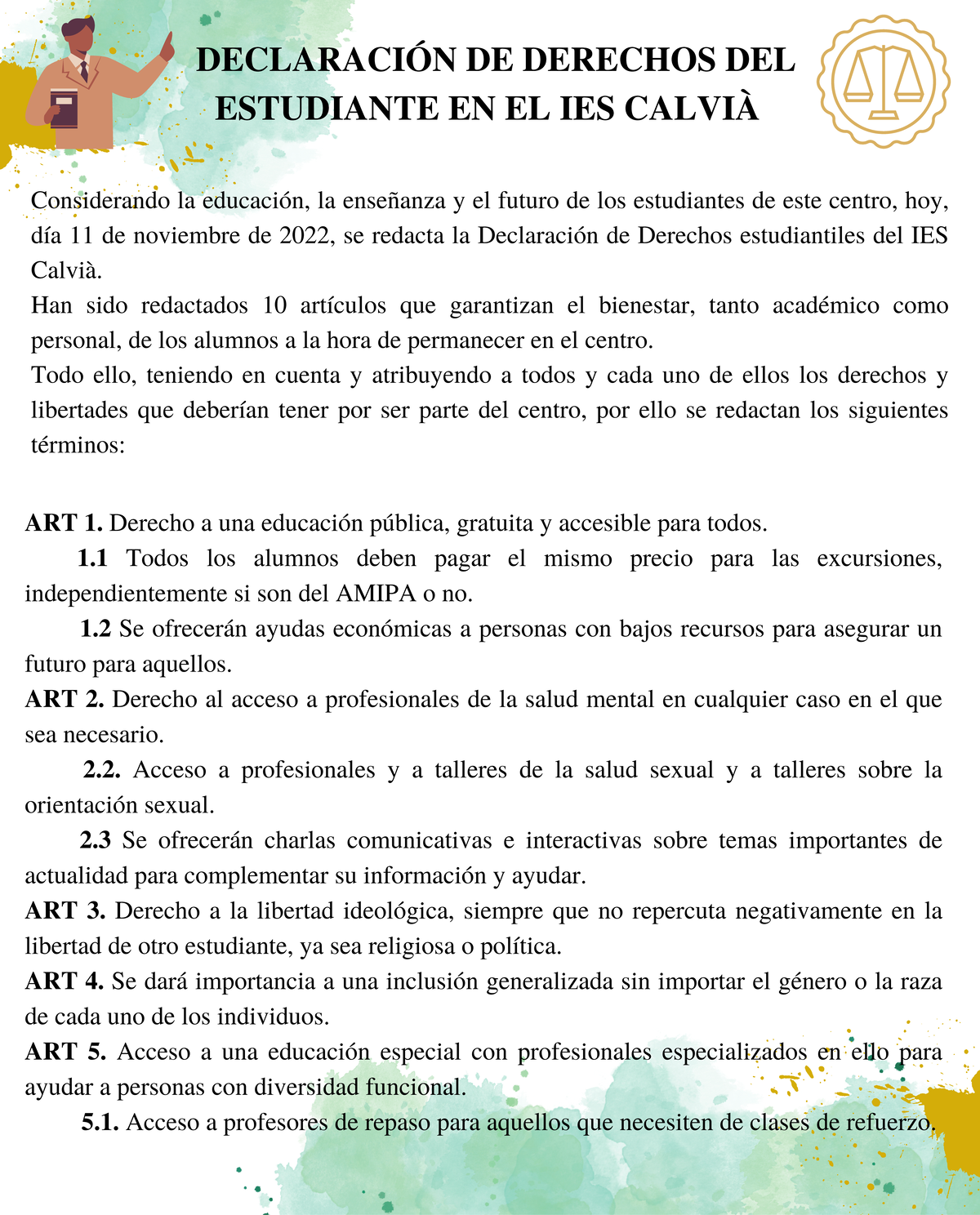 Declaración de derechos del estudiante en el IES calvià - ART 1 ...