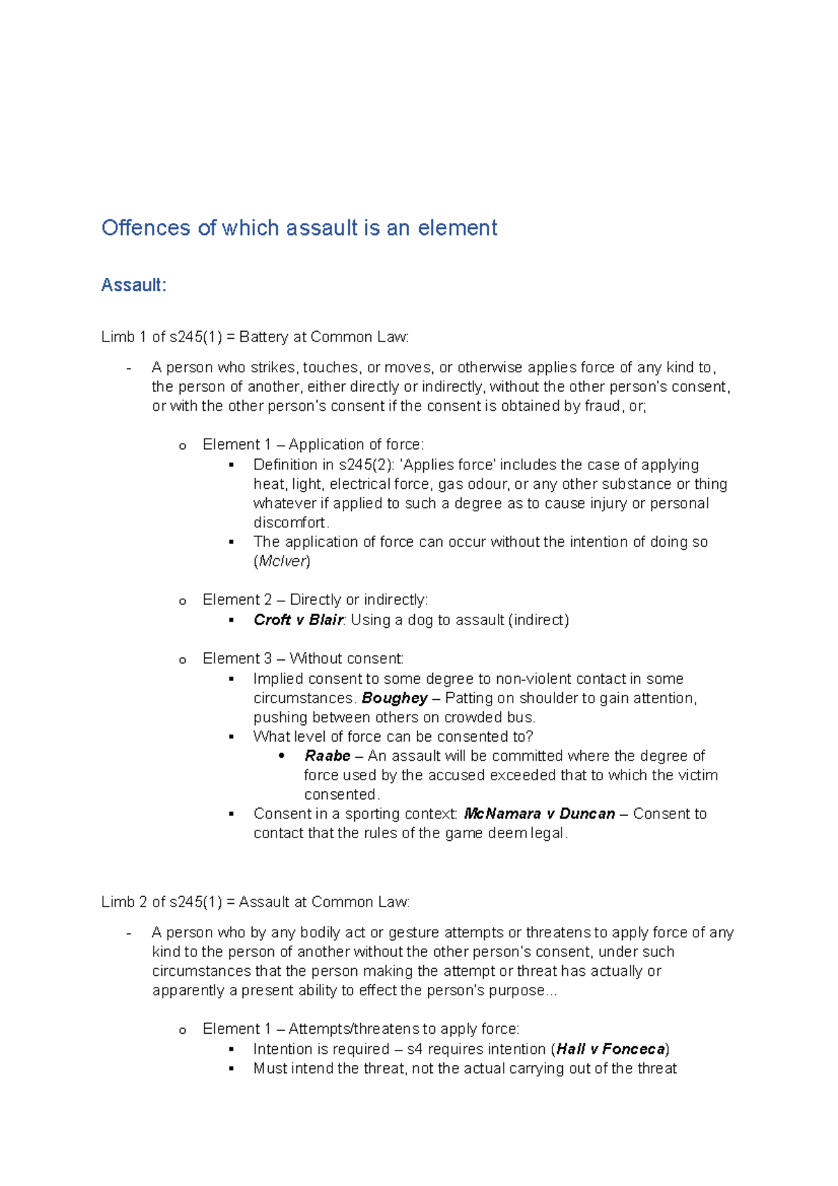LLB106 Offences of which assault is an element Assault Limb 1 of