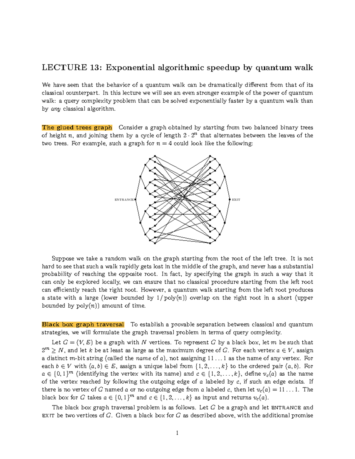 LECTURE 13: Exponential algorithmic speedup by quantum walk - Quantum ...