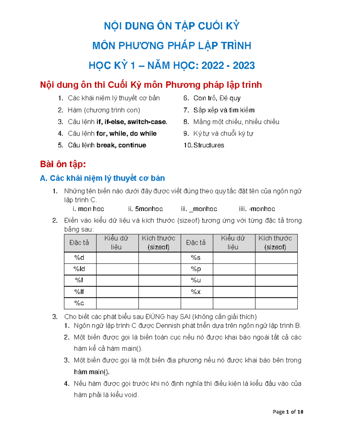 On Tap Cuoi ky Mon Phuong phap lap trinh NỘI DUNG ÔN TẬP CUỐI KỲ MÔN PHƯƠNG PHÁP LẬP TRÌNH HỌC