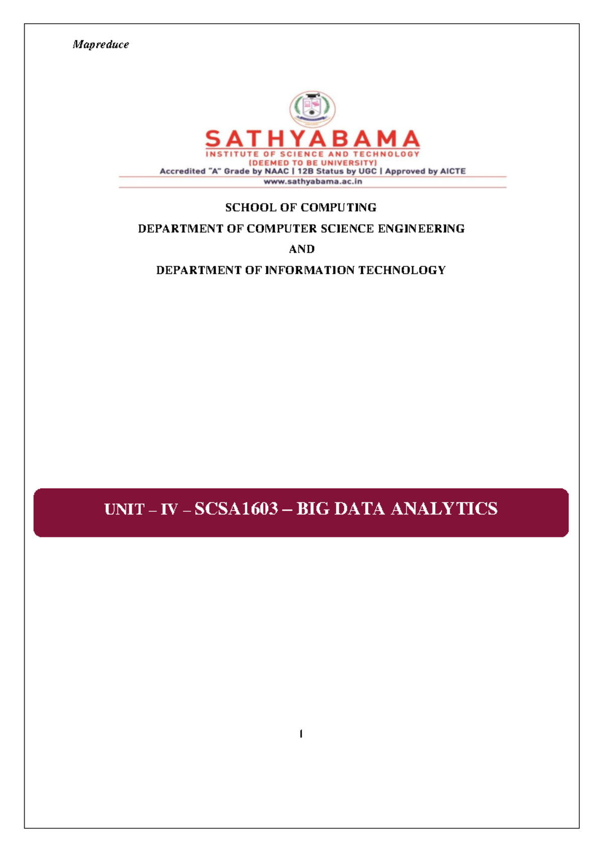 BDA UNIT 4 Material - SCHOOL OF COMPUTING DEPARTMENT OF COMPUTER ...