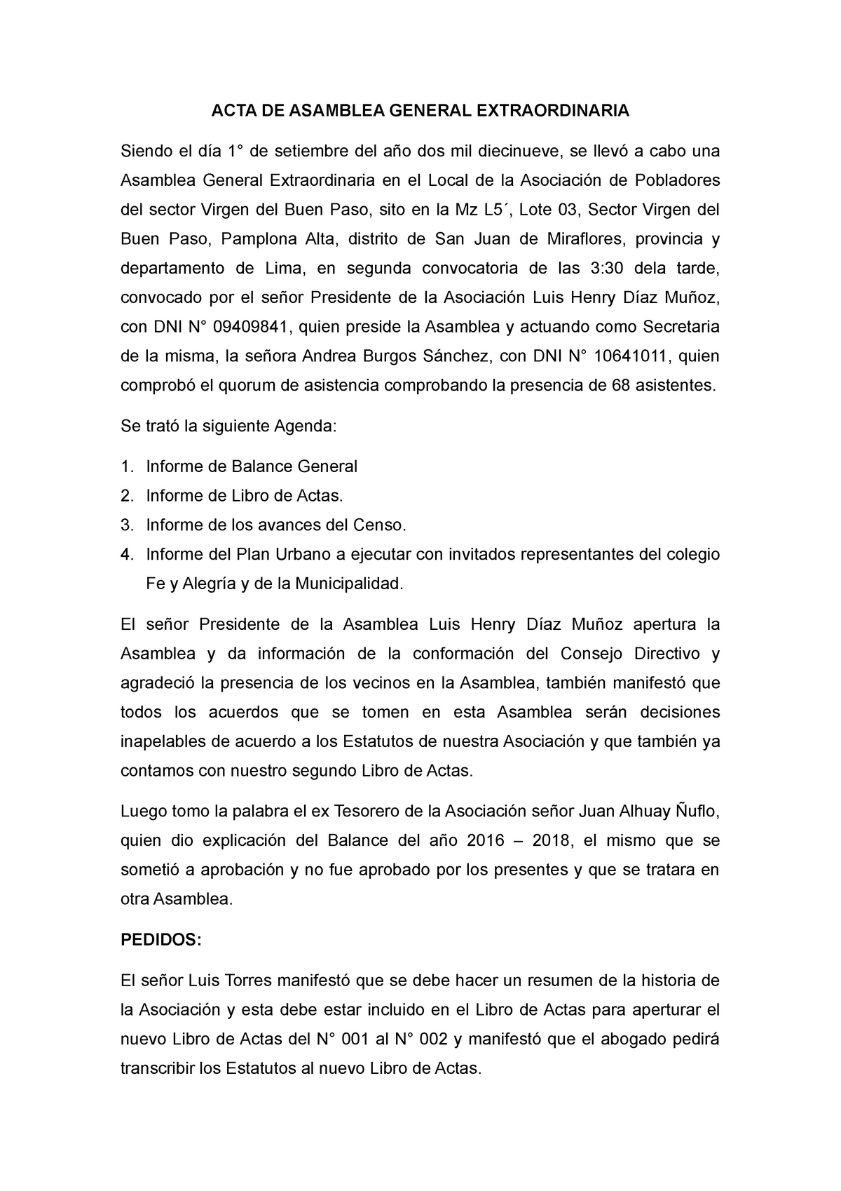 Acta De Asamblea General Extraordinaria Acta De Asamblea General
