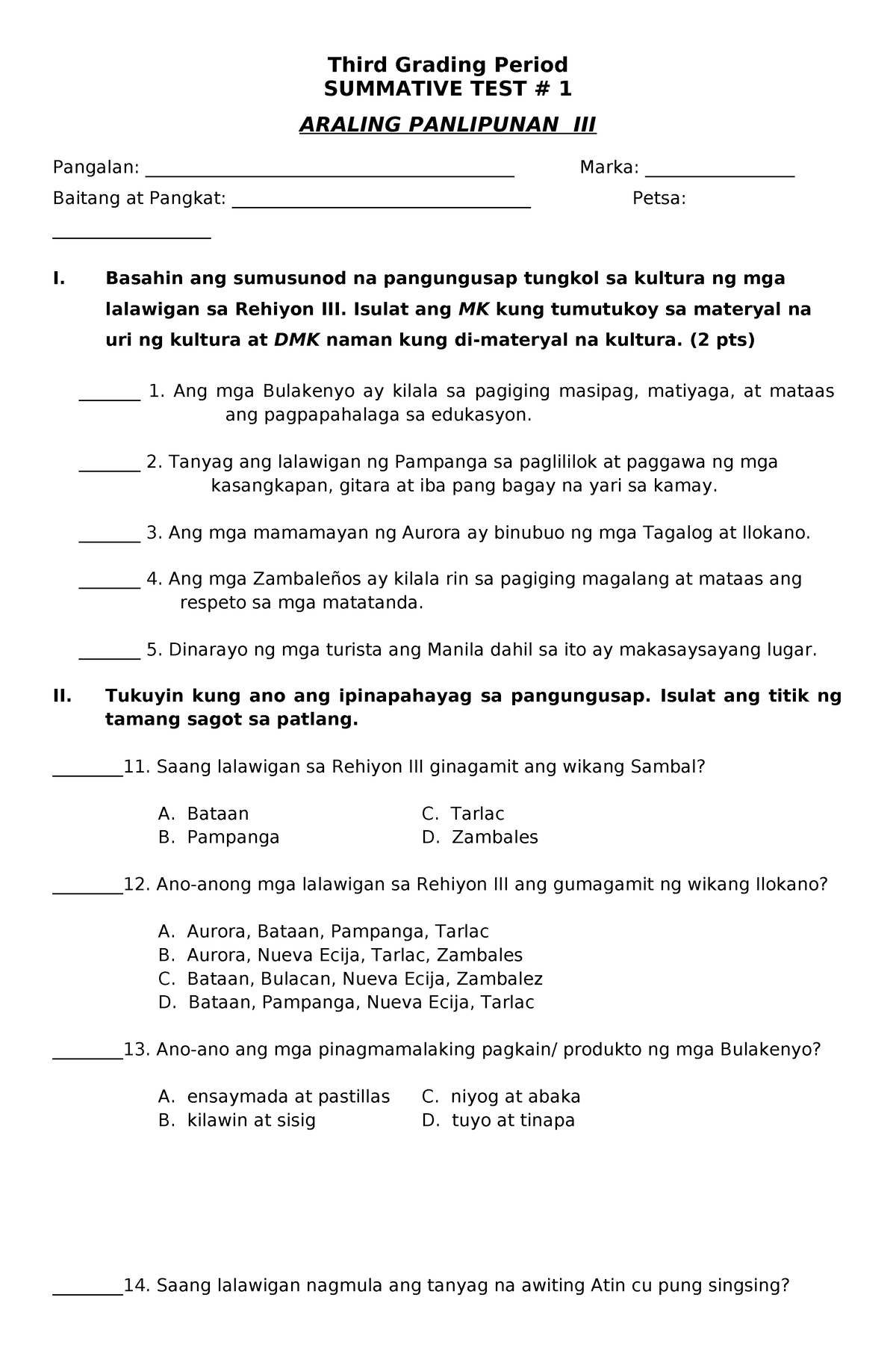 Grade 3 3rd Q Summative 1 With Tos And Answer Key Third Grading Period Summative Test 1 2198