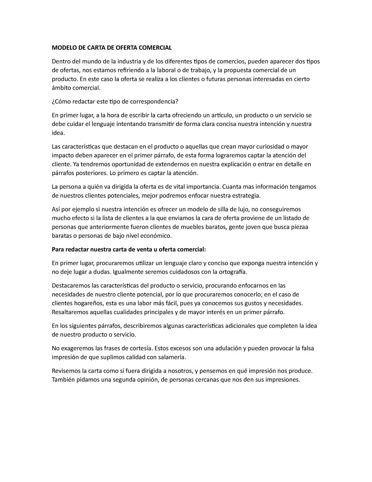 Modelo DE Carta DE Oferta Comercial - MODELO DE CARTA DE OFERTA COMERCIAL  Dentro del mundo de la - Studocu