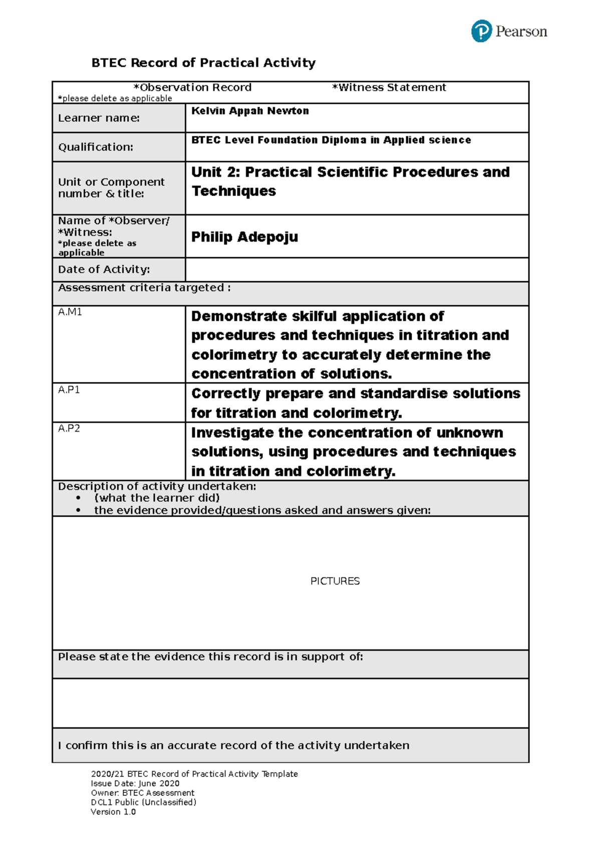 Unit 2 Assignment Applied Science Level 3 BTEC Record Of Practical 