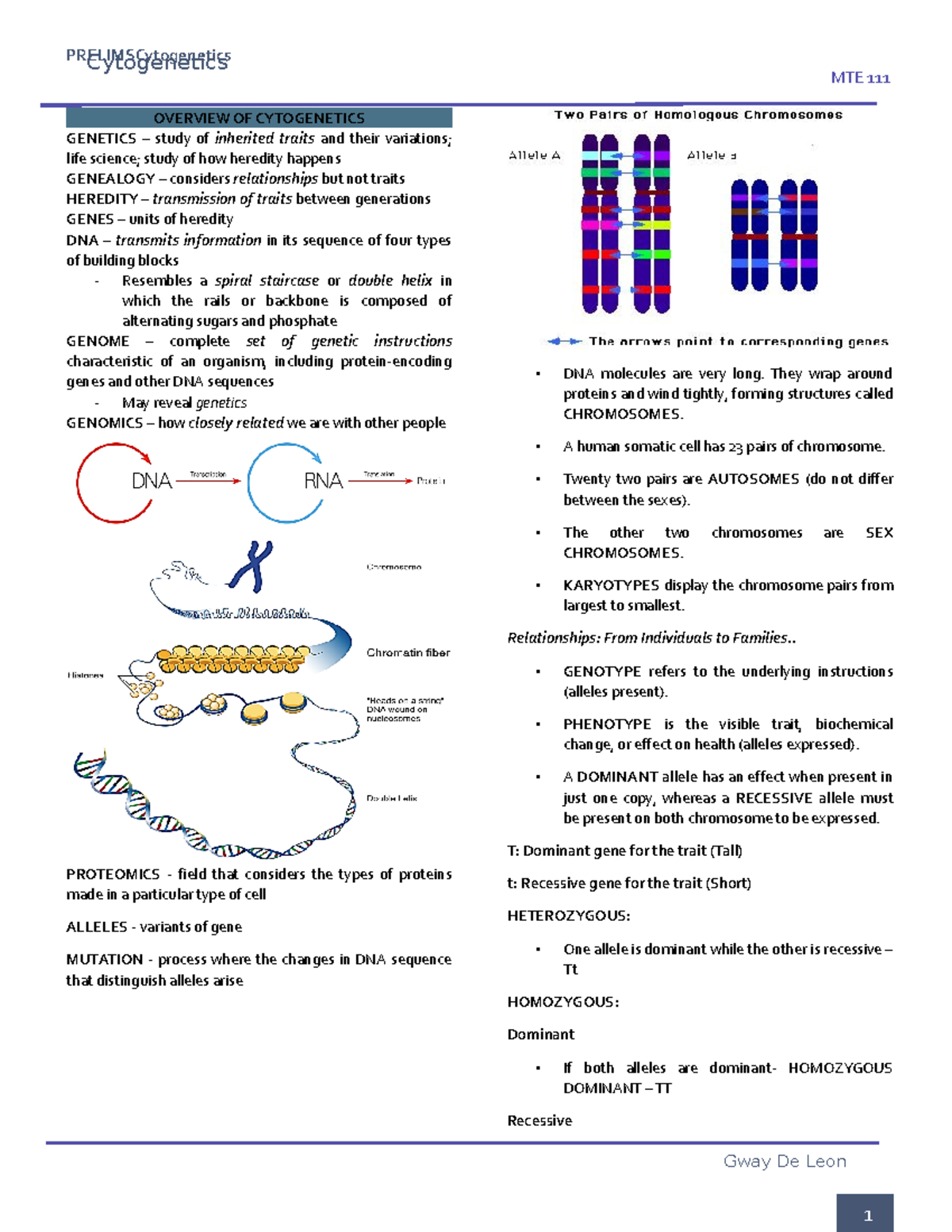 Cytogenetics (prelims) - PRELIMSCytogenetics MTE 111 OVERVIEW OF ...