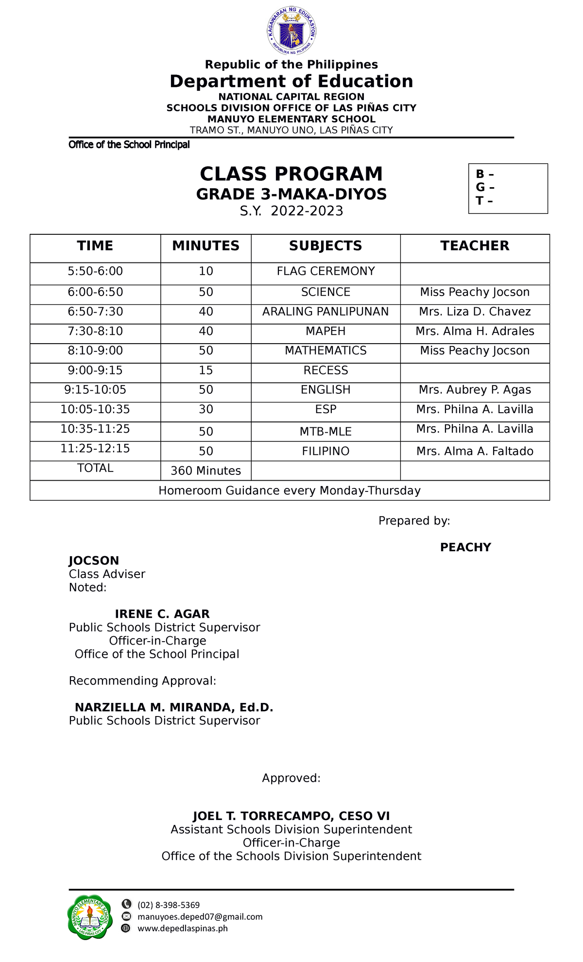 Grade 3 Class Program 20222023 (DOOR) Department of Education