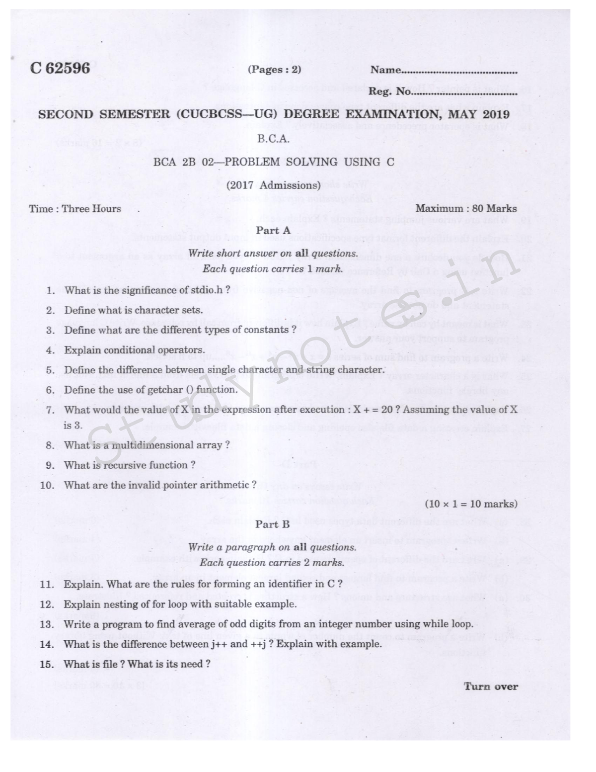 problem solving using c question paper calicut university