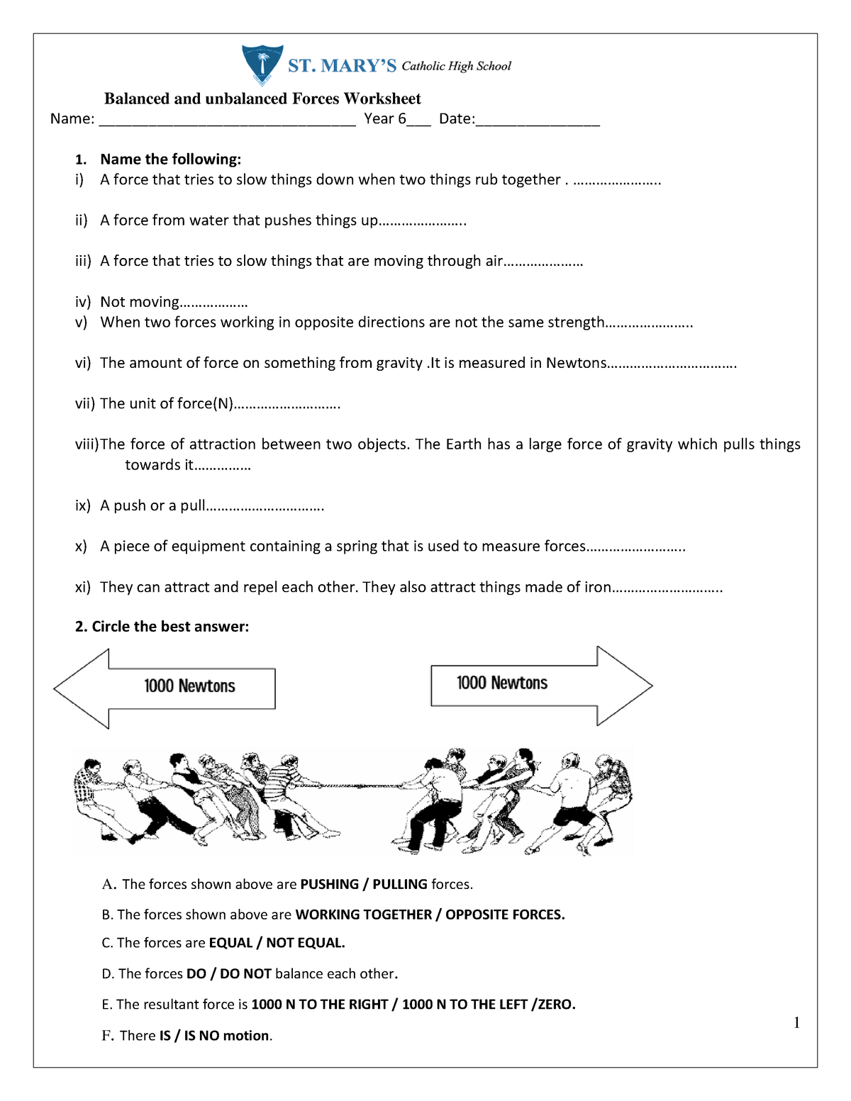 Balanced And Unbalances Forces Worksheet 1 Balanced And Unbalanced 