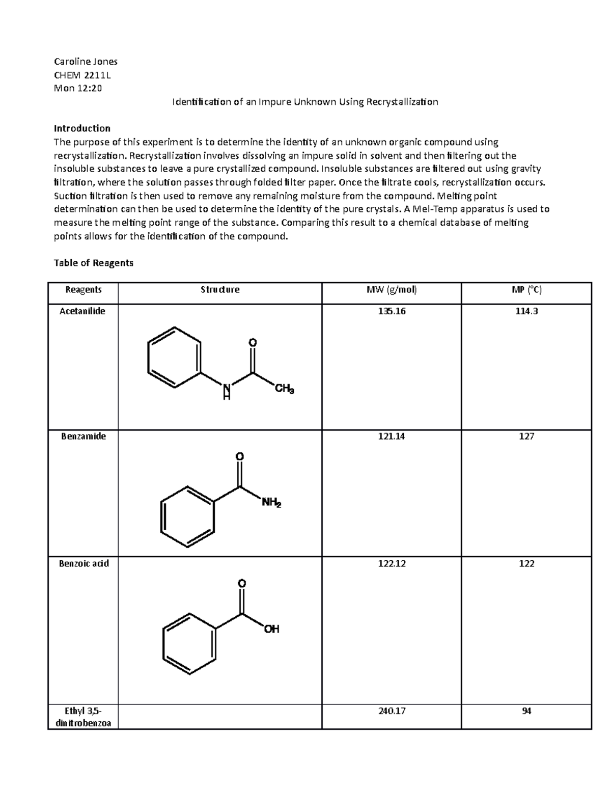 Prelab 1 Recrystallization - Caroline Jones CHEM 2211L Mon 12 ...