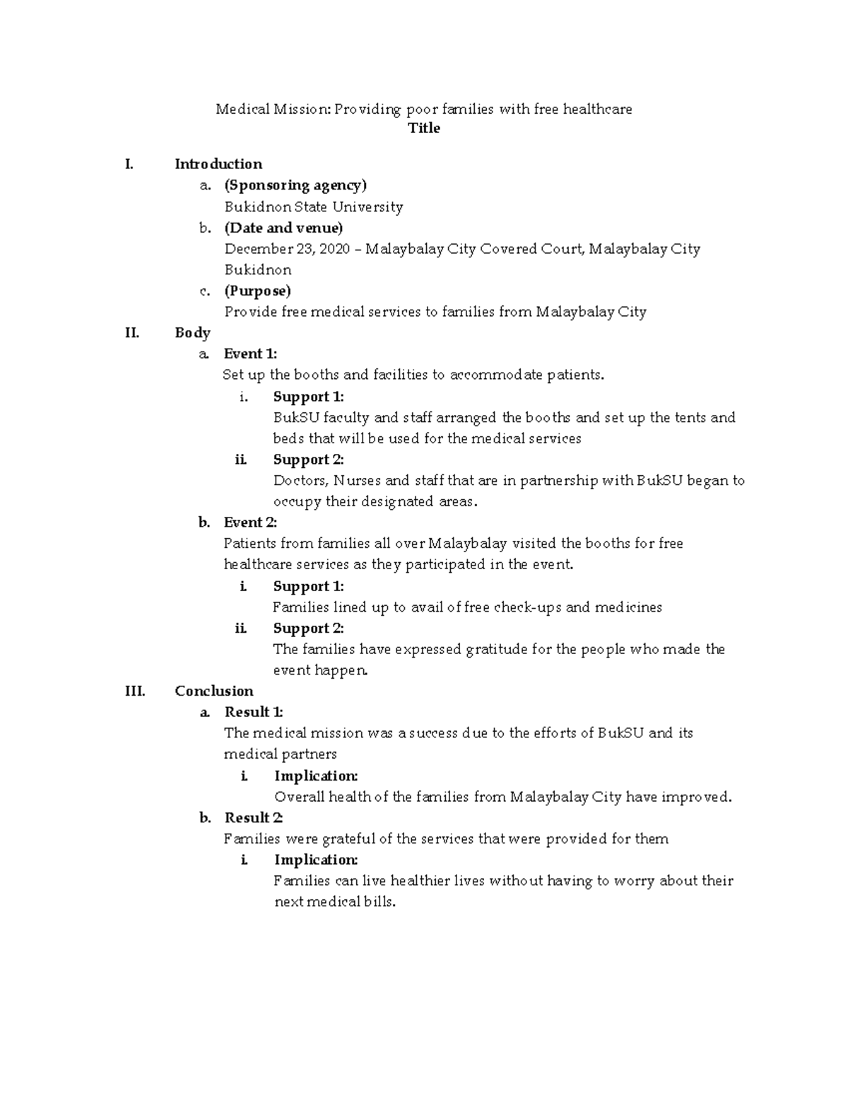 Narrative Outline Task - Medical Mission: Providing poor families with ...