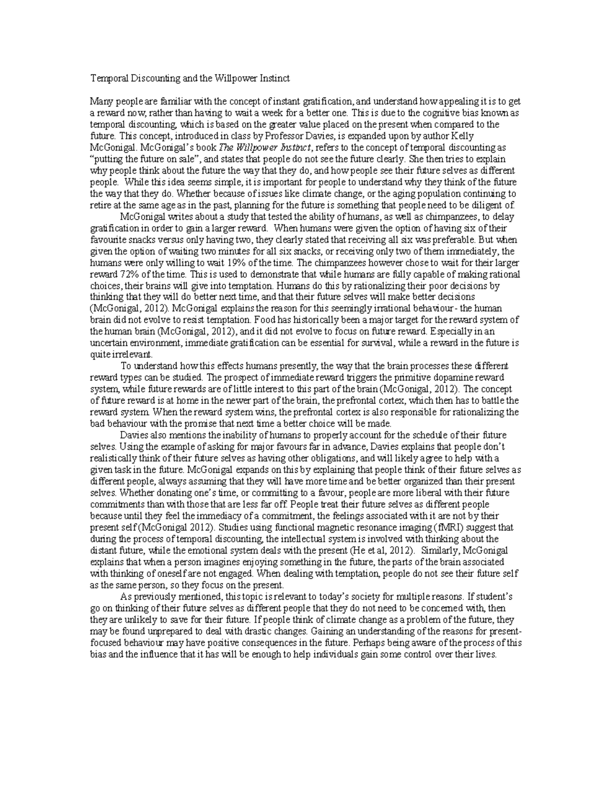 cog sci- essay example - Temporal Discounting and the Willpower ...