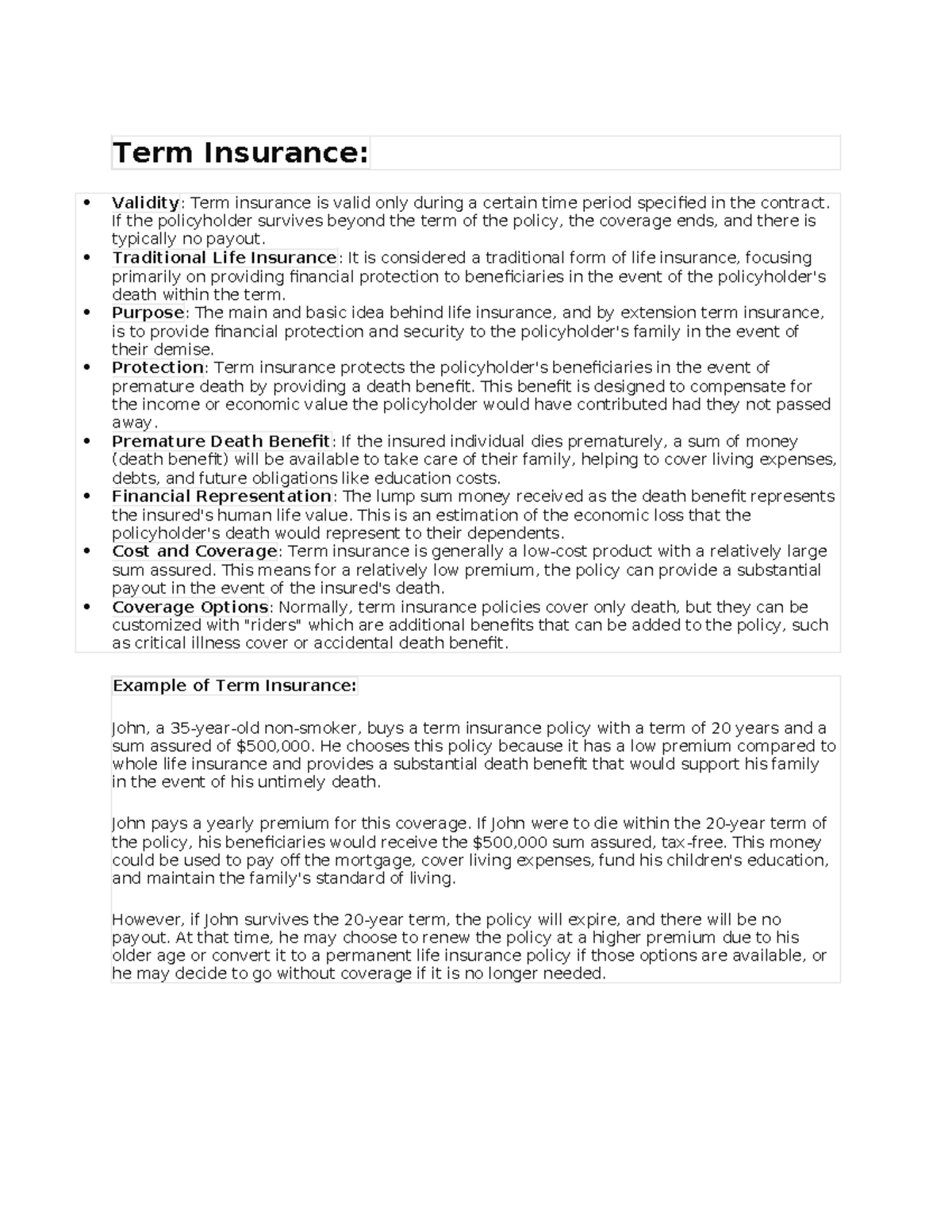 Insurance - Term Insurance: Validity: Term insurance is valid only ...