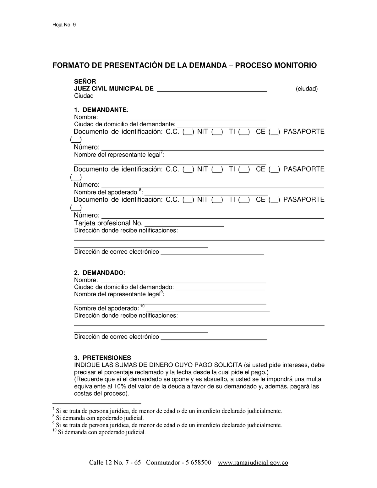 Formato 3 - Modelo demanda Monitorio - Hoja No. 9 - Studocu