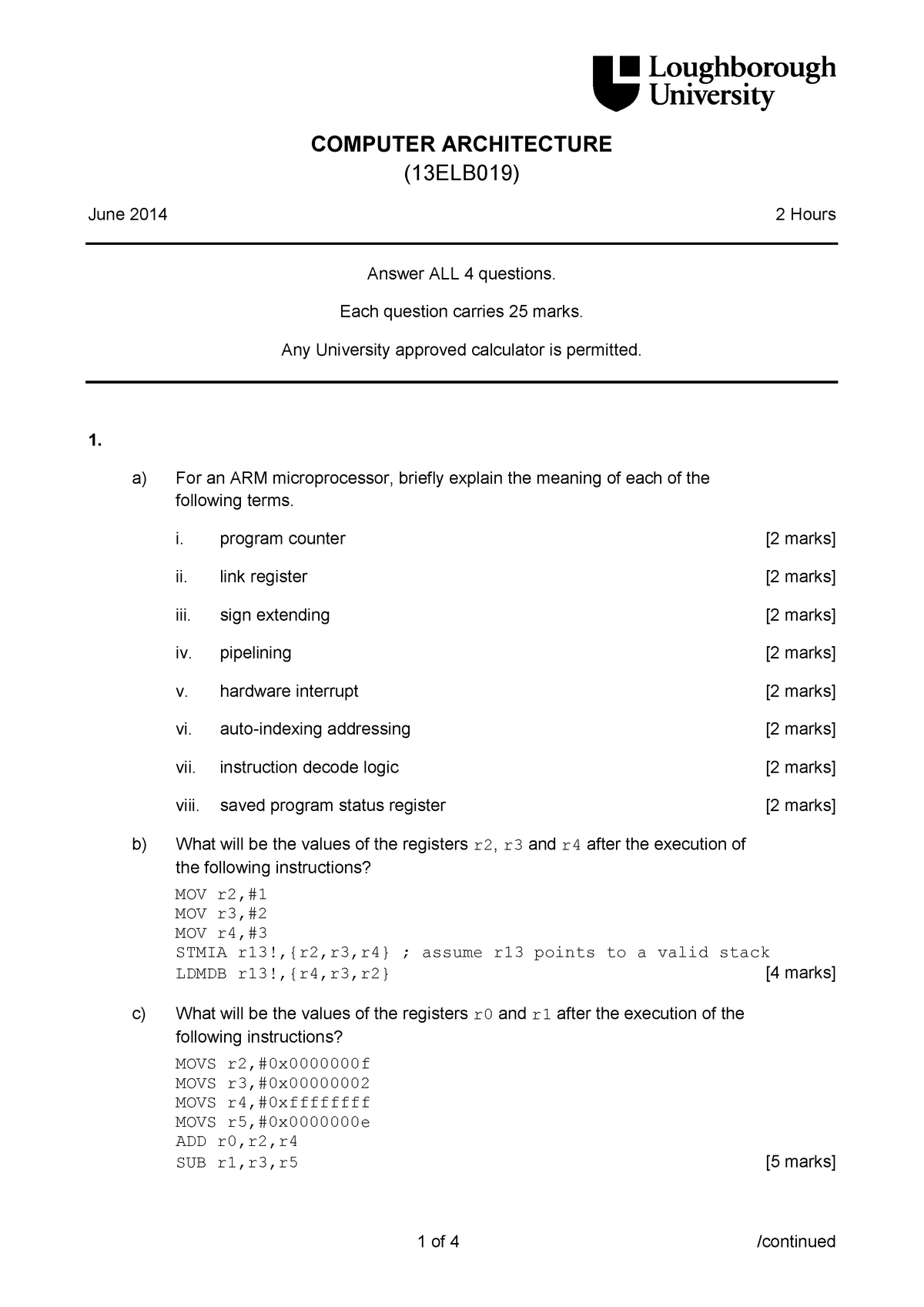 Computer Architecture Exam Questions - COMPUTER ARCHITECTURE (13ELB019 ...