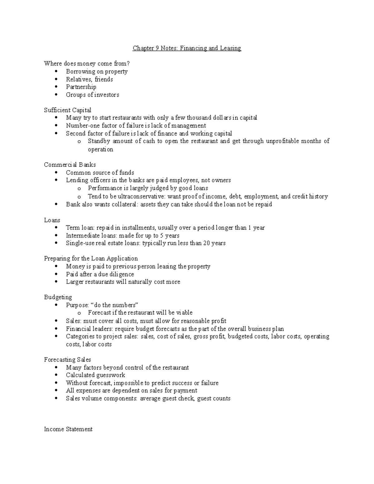 Chapter 9 Notes - Chapter 9 Notes: Financing and Leasing Where does ...
