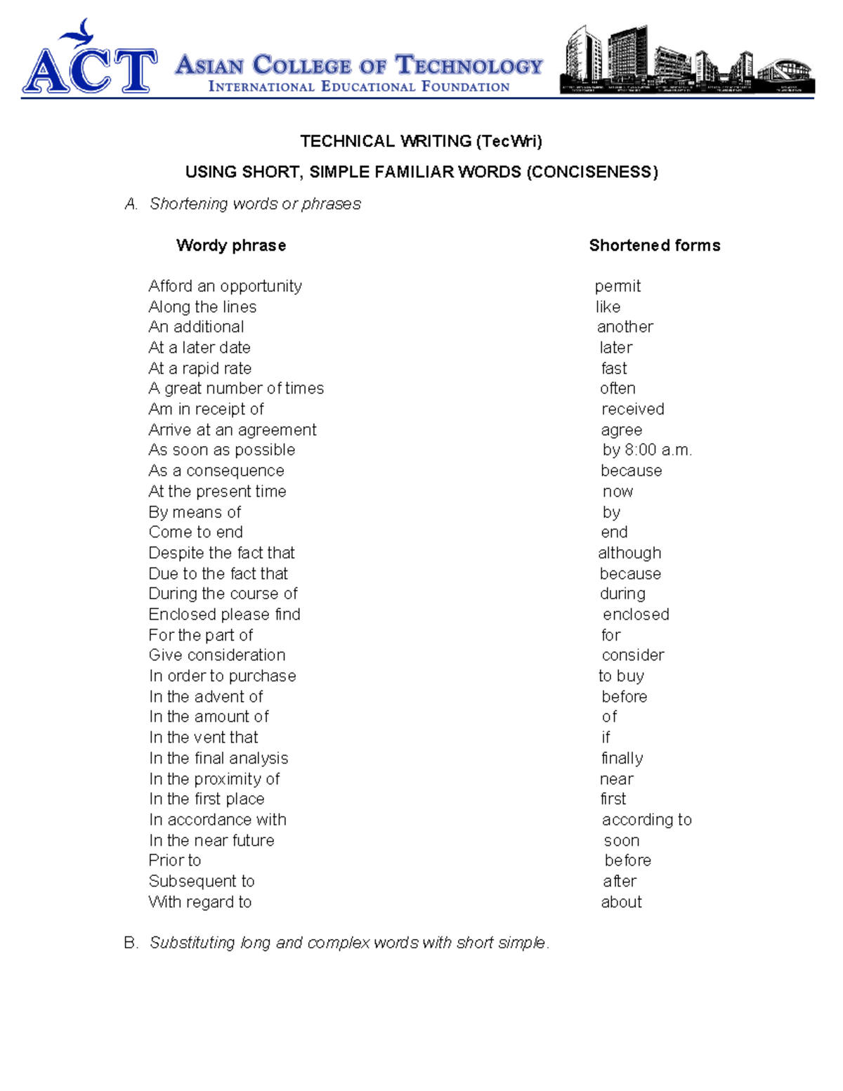 Shorteningwordphrases TECHNICAL WRITING (TecWri) USING SHORT