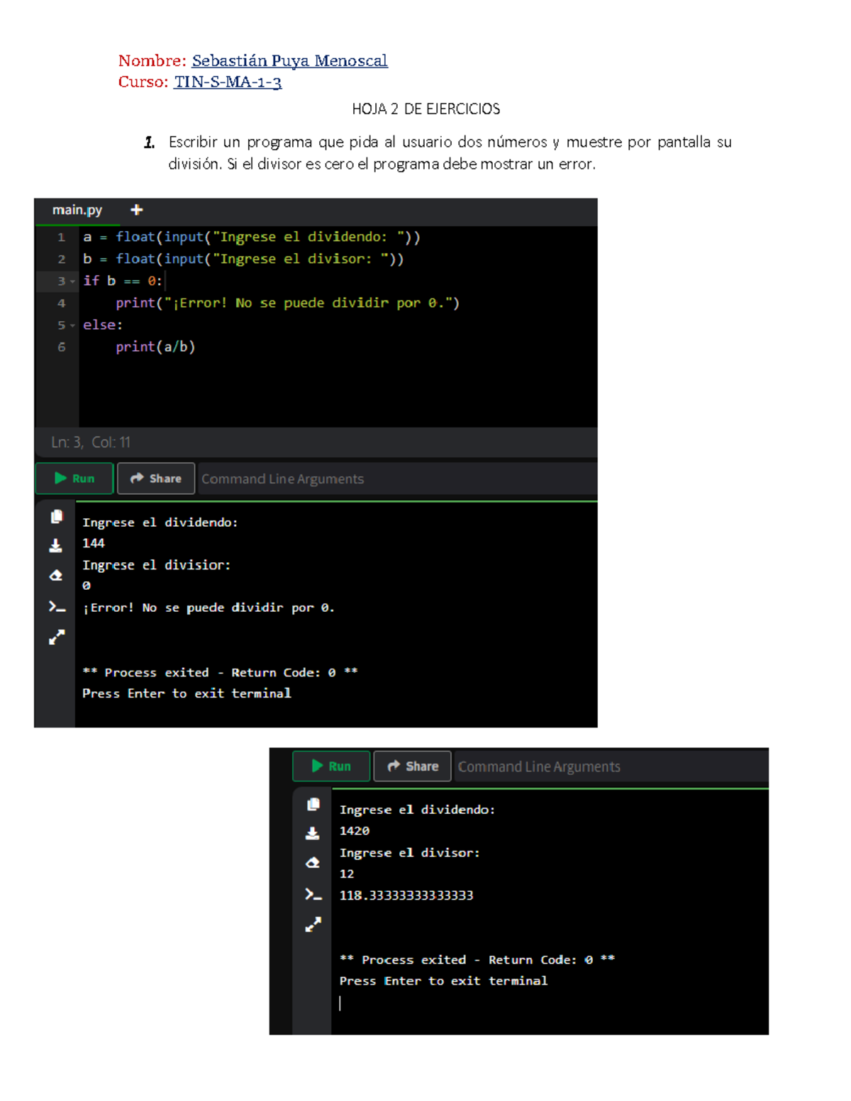 Hoja 2 Programación I 1-3 - Python - Sebastian Puya - Nombre: Sebastián ...