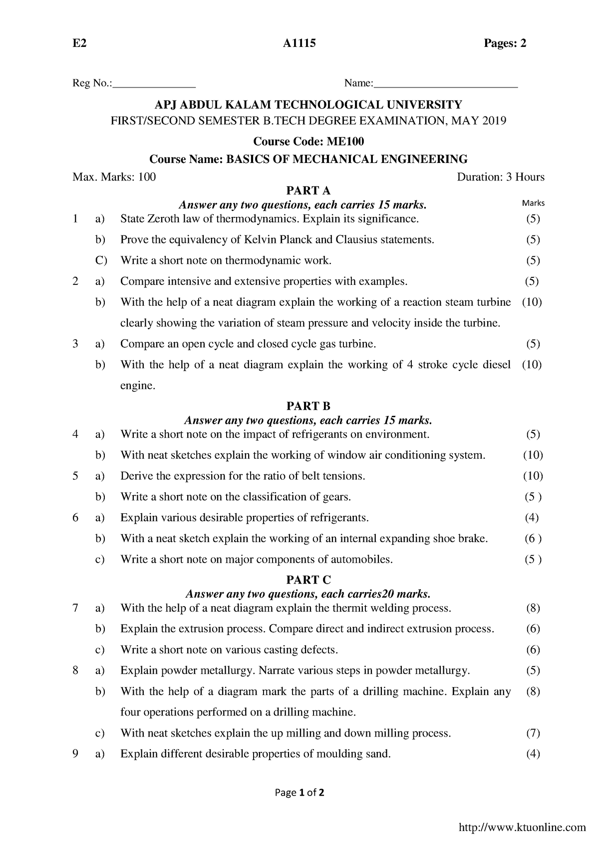 Btech 1 Year Basics Of Mechanical Engineering A1115 May 2019 - E2 A1115 